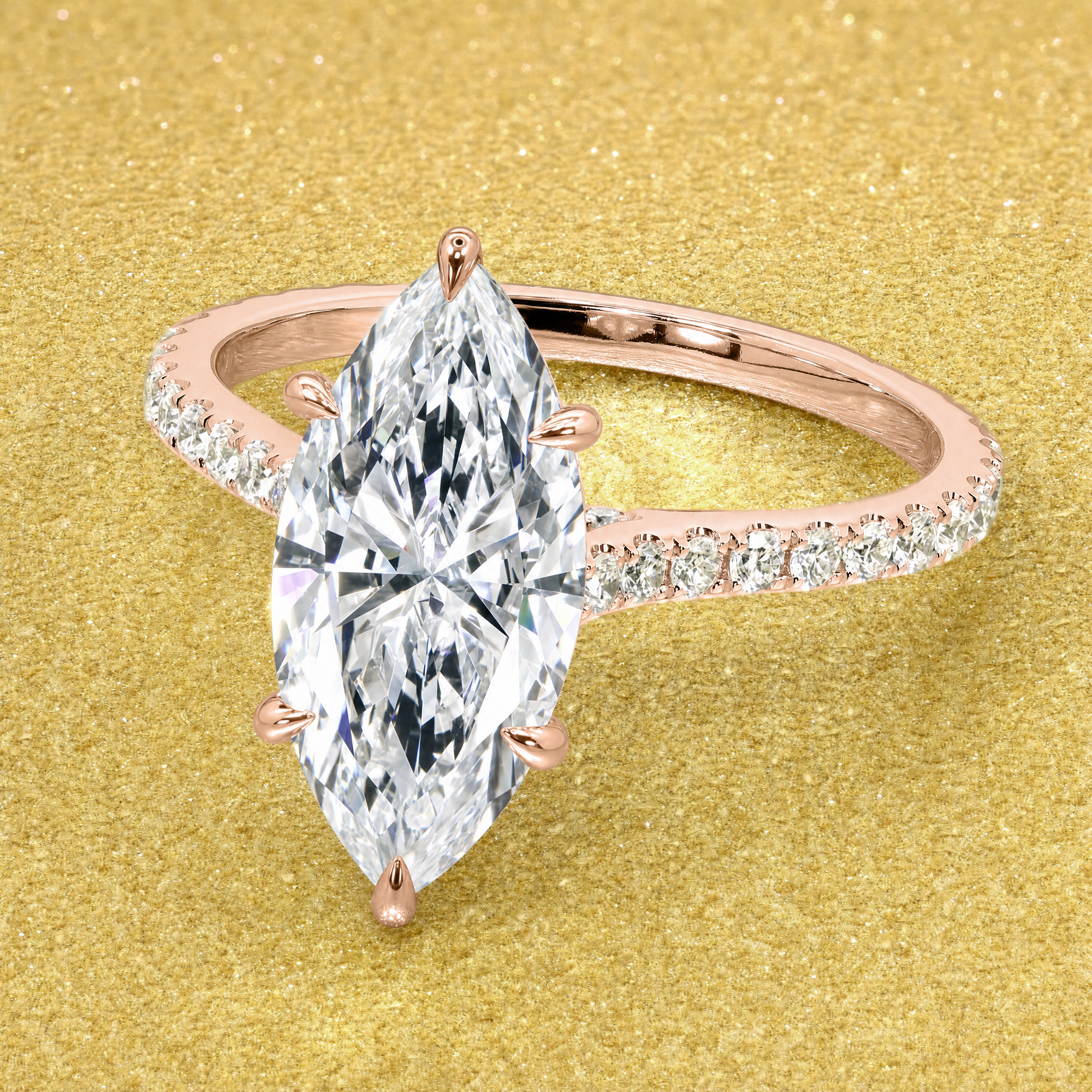 Classic Emilia 4ct Elongated Marquise-Cut Lab-Grown Diamond Hidden Halo Diamond Bridge Cathedral Engagement Ring in 14K Gold, 18K Gold, or Platinum by Earthena Jewelry of Beverly Hills.