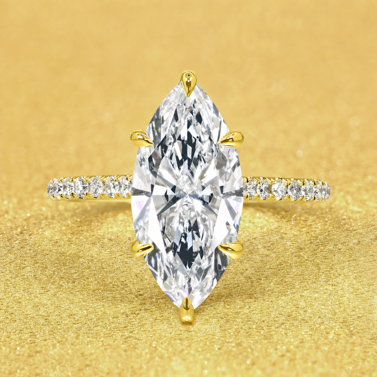 Classic Emilia 4ct Elongated Marquise-Cut Lab-Grown Diamond Hidden Halo Diamond Bridge Cathedral Engagement Ring in 14K Gold, 18K Gold, or Platinum by Earthena Jewelry of Beverly Hills.