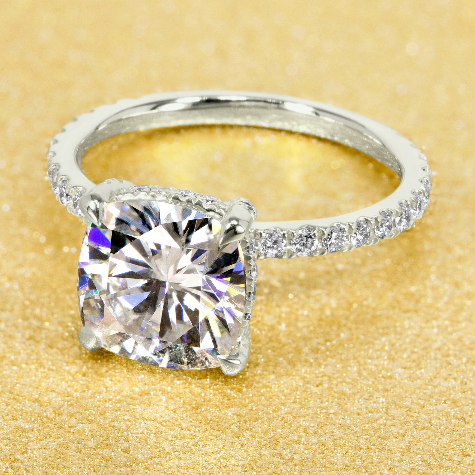 Classic and elegant 2.75-carat Cushion-cut Moissanite and Lab Diamond Hidden Wrap Halo engagement ring handcrafted in 14K gold, 18K gold, or Platinum handcrafted in Los Angeles by Earthena Jewelry