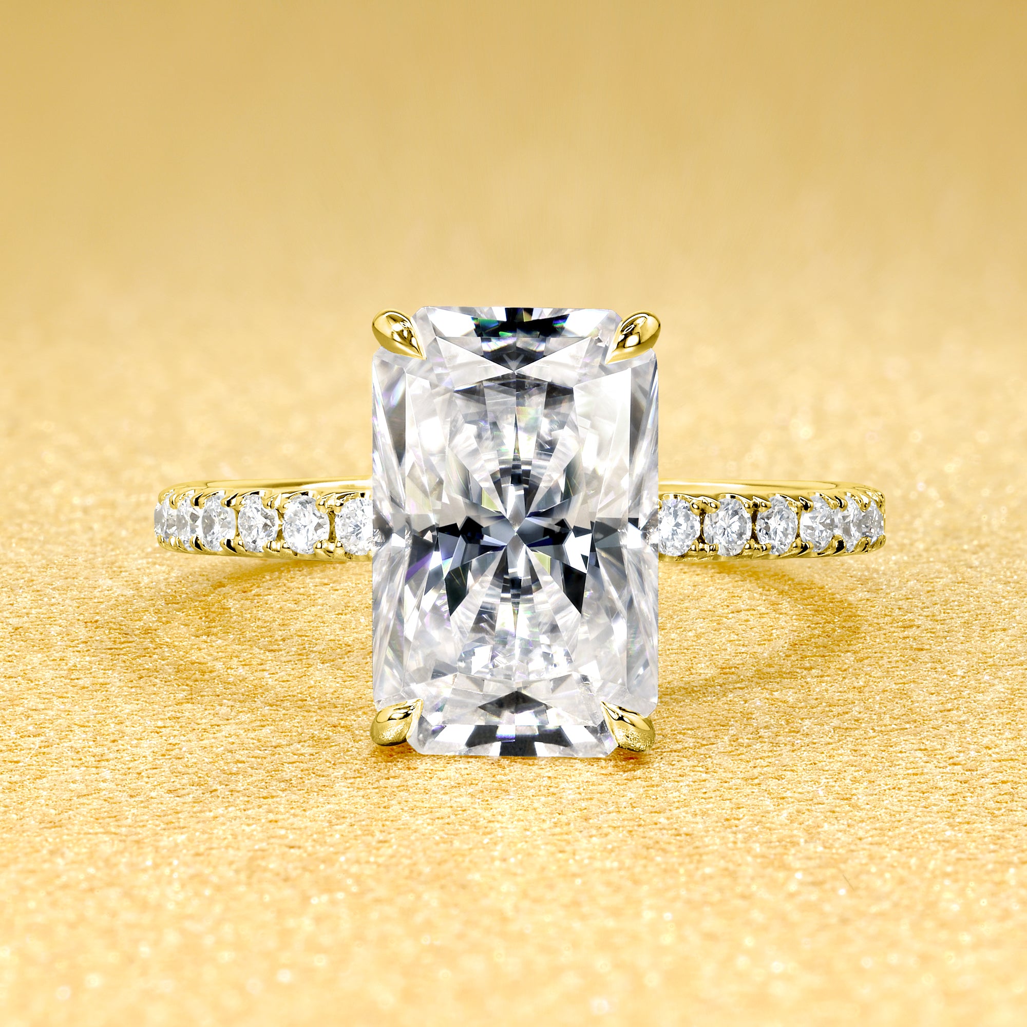 Selina 3.5ct Elongated Radiant-Cut Moissanite Hidden Vow Halo Engagement Ring crafted in 14K gold, 18K gold, or Platinum by Earthena Jewelry of Beverly Hills.