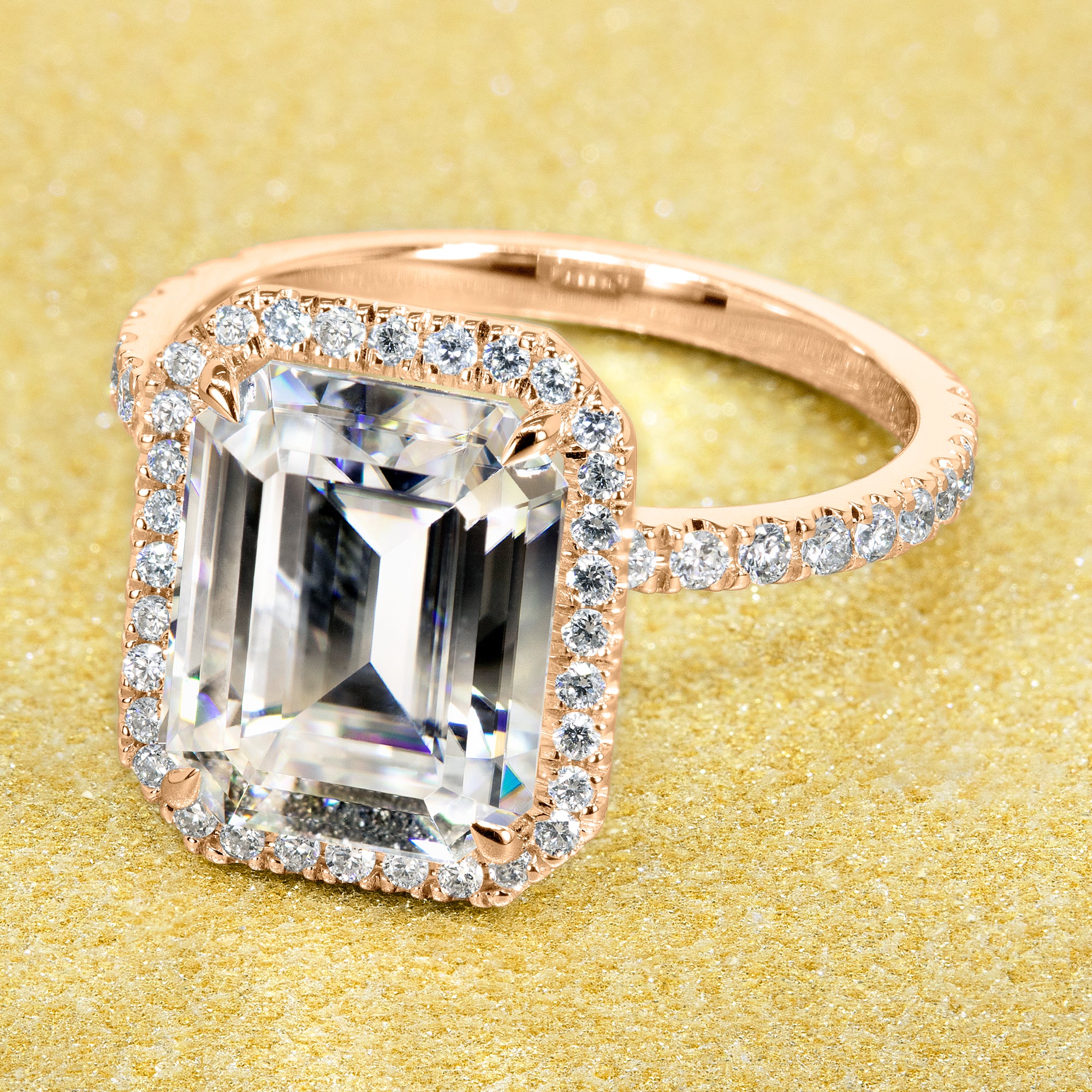 Classic Selina 3.5ct Emerald-cut Moissanite and Lab Diamond Halo Engagement ring in 14K gold, 18K gold, or Platinum handcrafted in Los Angeles by Earthena Jewelry