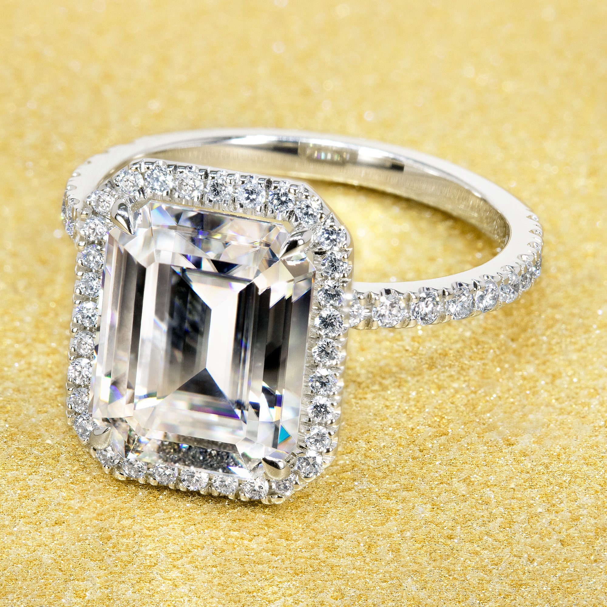 Classic Selina 3.5ct Emerald-cut Moissanite and Lab Diamond Halo Engagement ring in 14K gold, 18K gold, or Platinum handcrafted in Los Angeles by Earthena Jewelry