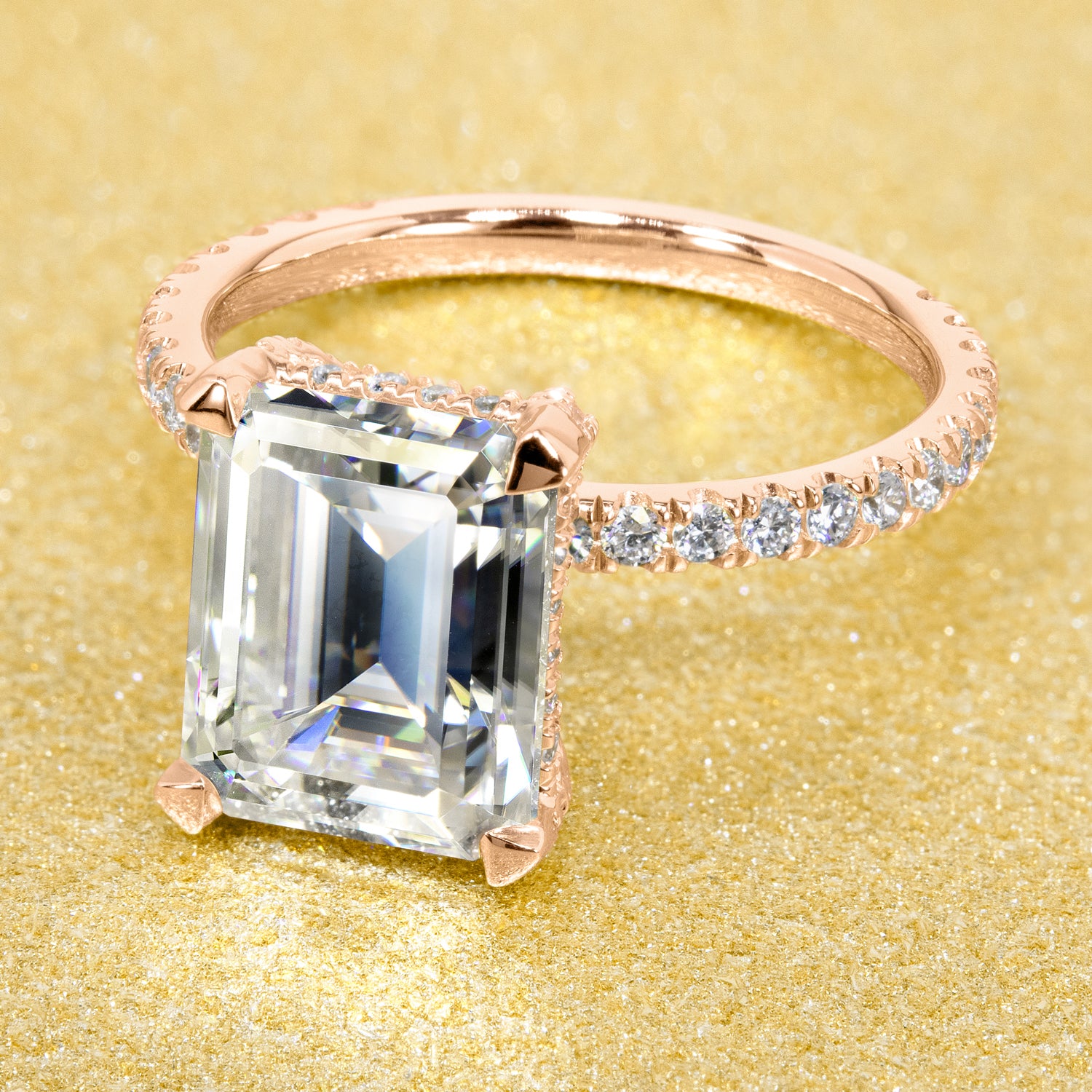 Classic and elegant 3.5-carats Emerald-cut Moissanite and Lab Diamond Hidden Wrap Halo engagement ring handcrafted in 14K gold, 18K gold, or Platinum handcrafted in Los Angeles by Earthena Jewelry