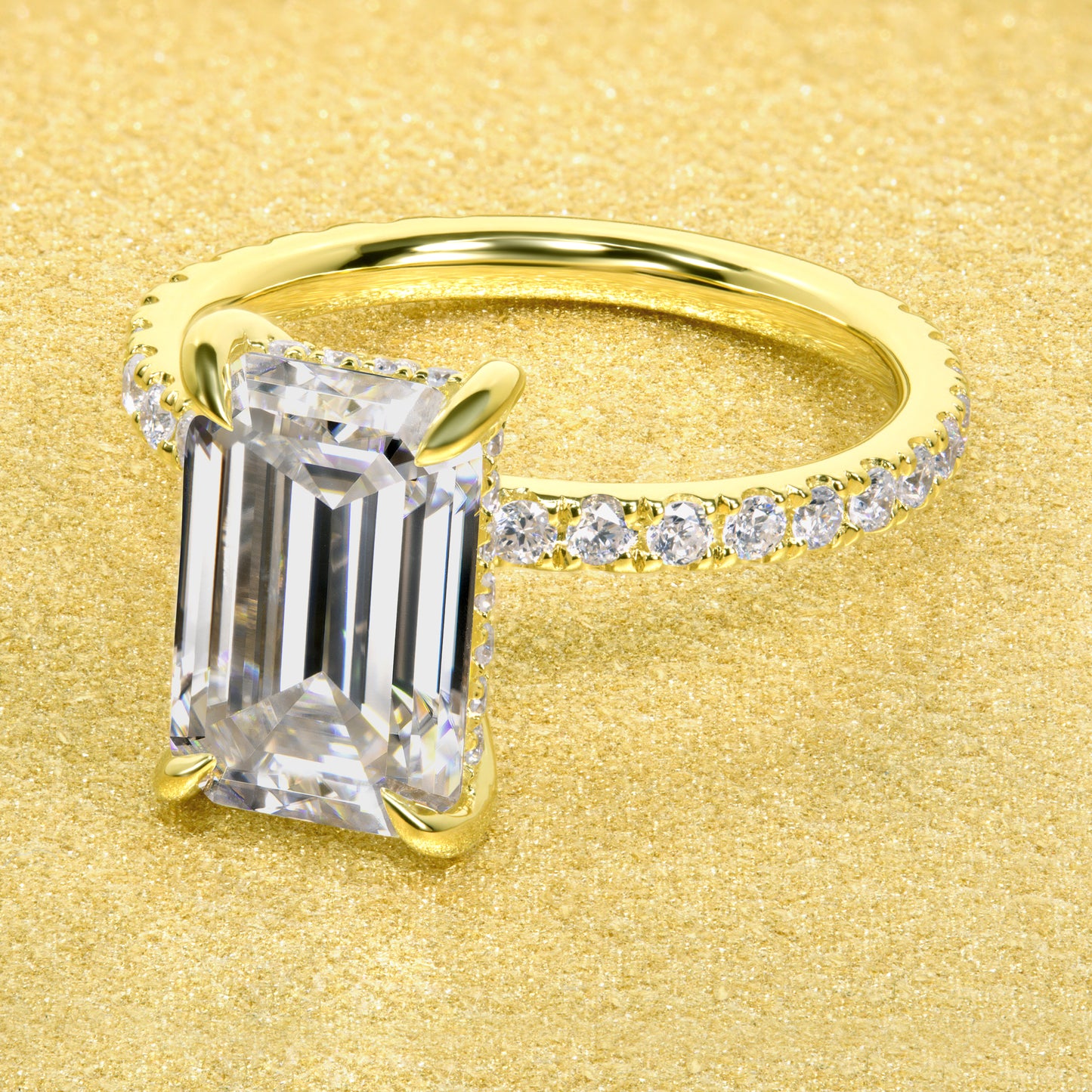 Classic Selina 3ct Elongated Emerald-cut Moissanite and Lab-grown Diamond Hidden Halo Engagement ring in 14K or 18K Gold by Earthena Jewelry