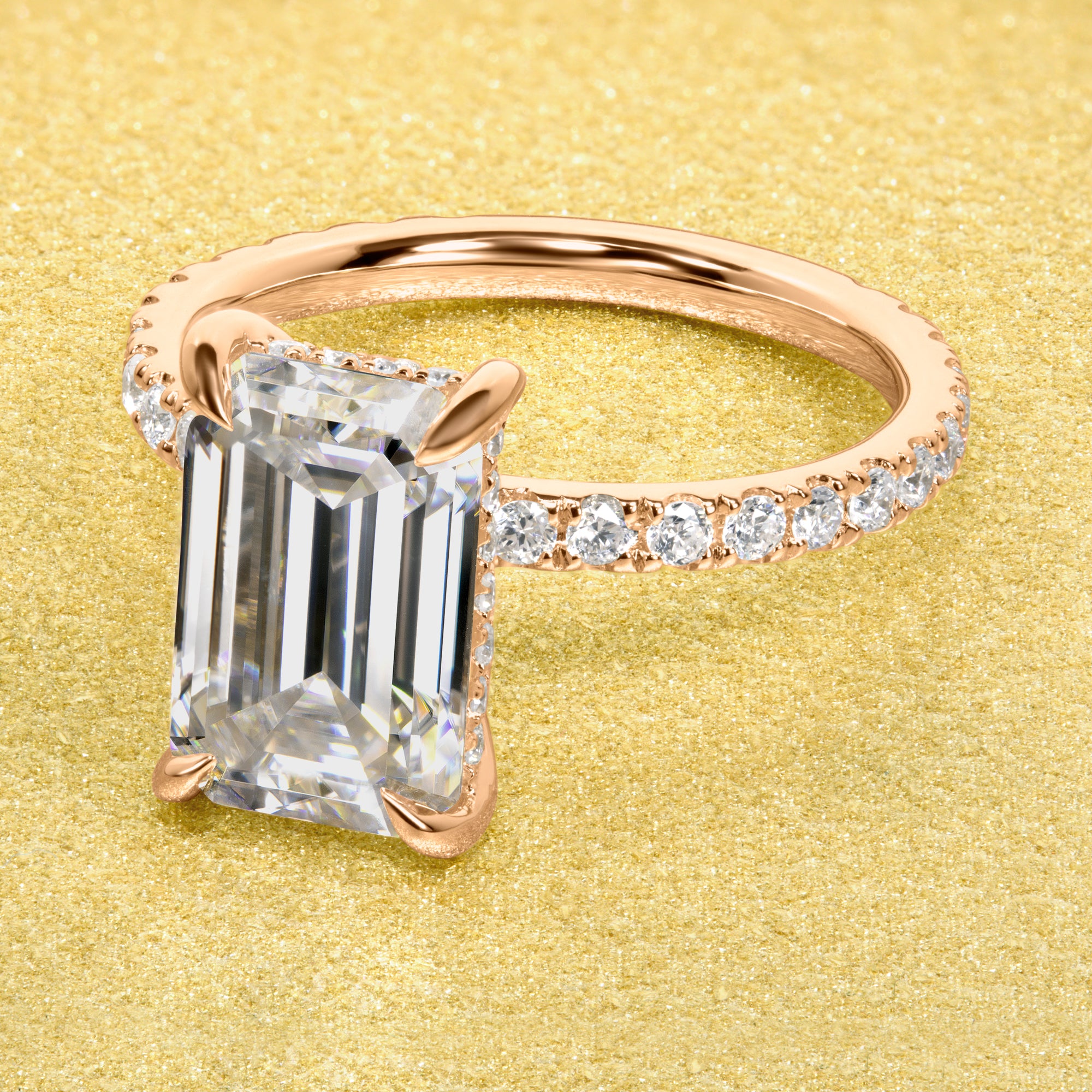 Classic Selina 3ct Elongated Emerald-cut Moissanite Hidden Halo Lab-grown Diamond Engagement ring in 14K gold, 18K gold, or Platinum Classic Selina 3ct Elongated Emerald-cut Moissanite Hidden Halo Lab-grown Diamond Engagement ring in 14K gold, 18K gold, or Platinum.