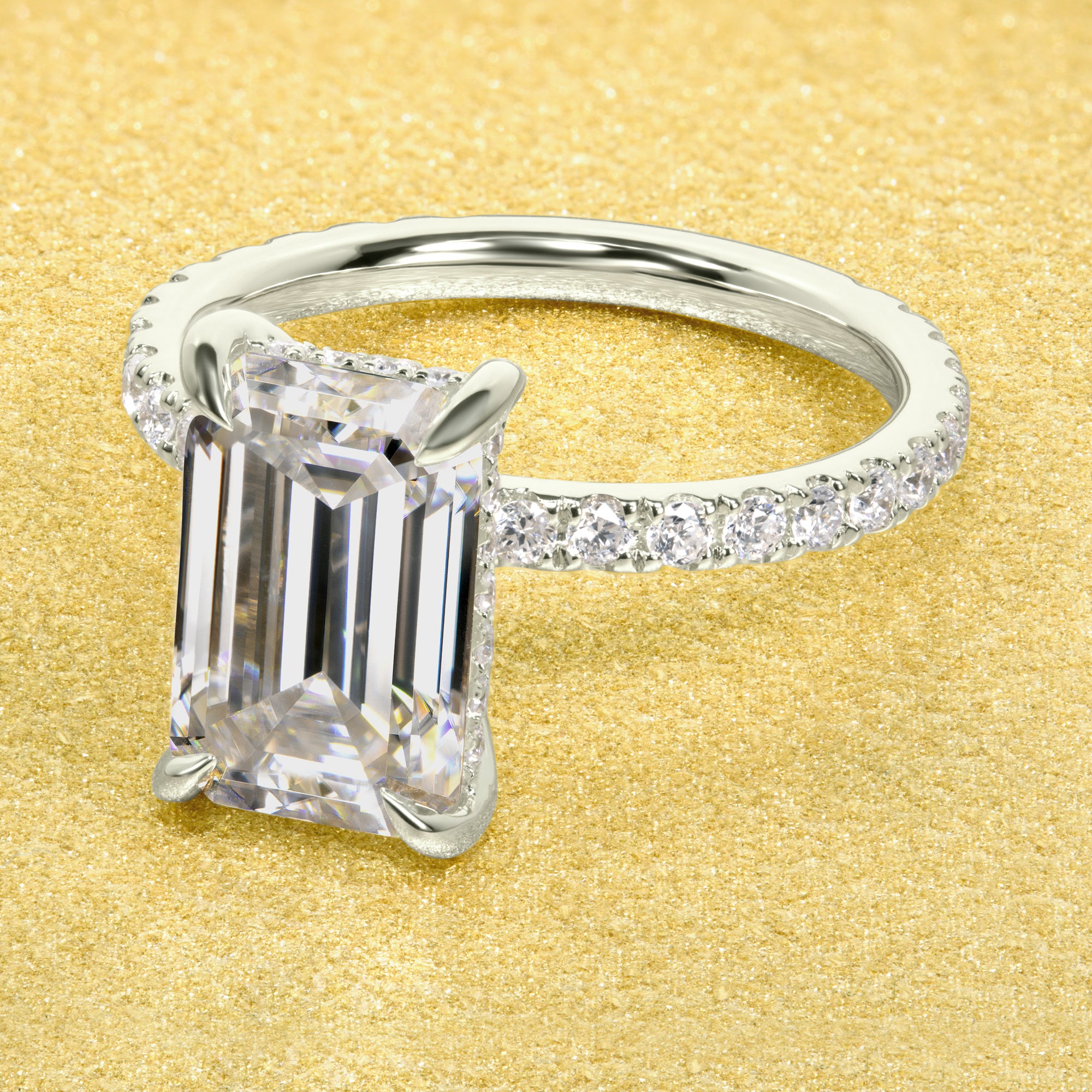 Classic Selina 3ct Elongated Emerald-cut Moissanite Hidden Halo Lab-grown Diamond Engagement ring in 14K gold, 18K gold, or Platinum Classic Selina 3ct Elongated Emerald-cut Moissanite Hidden Halo Lab-grown Diamond Engagement ring in 14K gold, 18K gold, or Platinum.