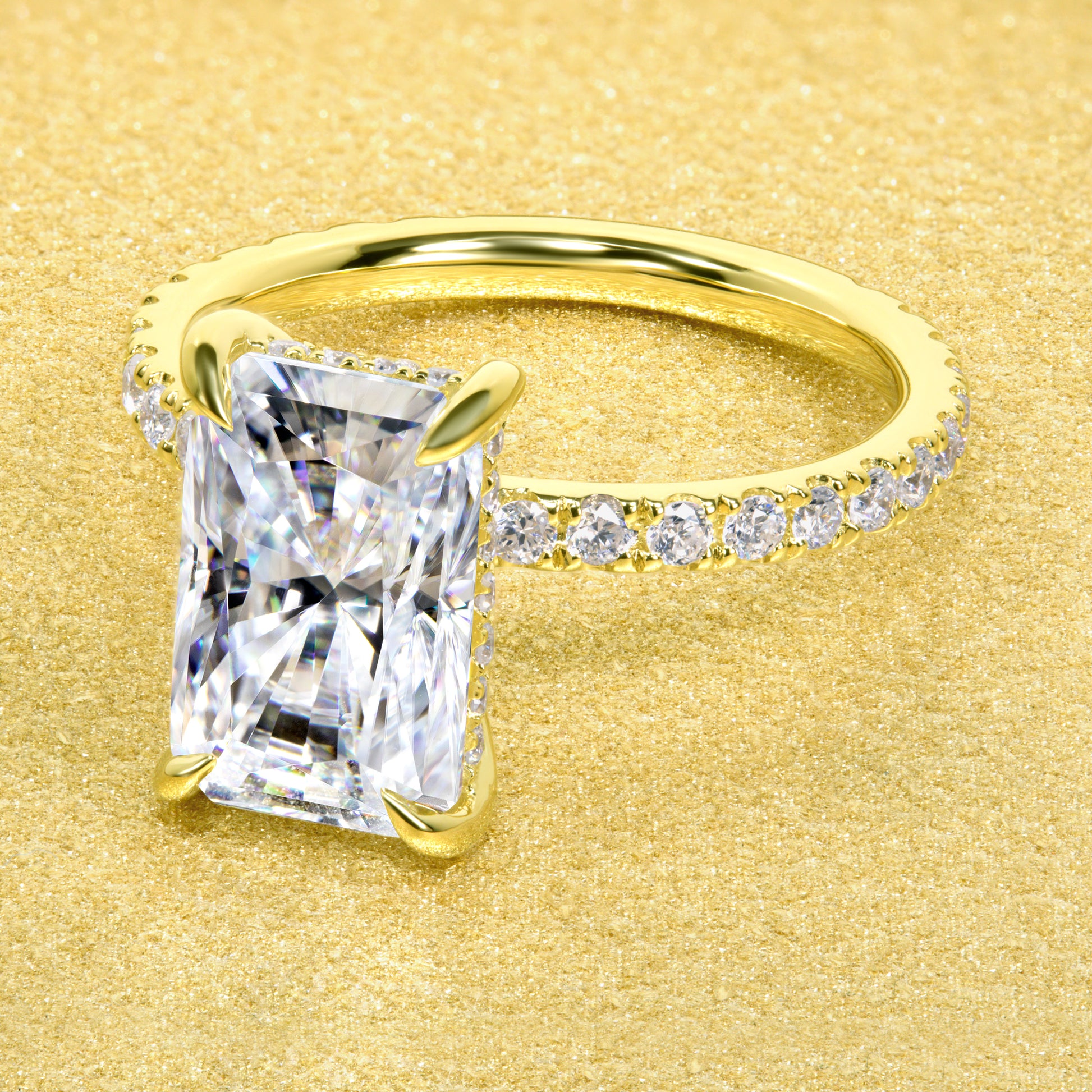 Classic Selina 3ct Elongated Radiant-cut Moissanite and Lab-grown Diamond Hidden Halo Engagement ring in 14K or 18K Gold by Earthena Jewelry