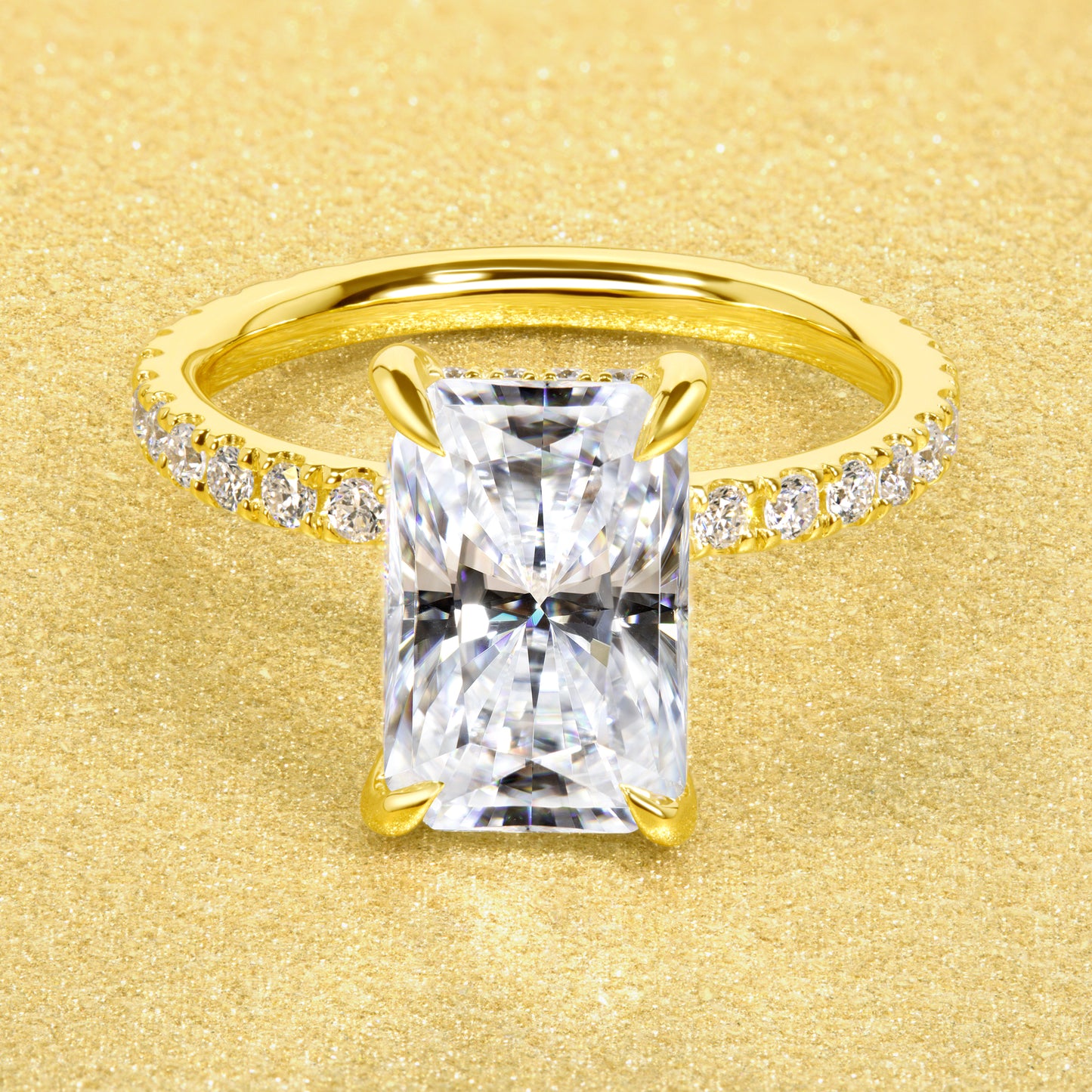 Classic Selina 3ct Elongated Radiant-cut Moissanite and Lab-grown Diamond Hidden Halo Engagement ring in 14K or 18K Gold by Earthena Jewelry