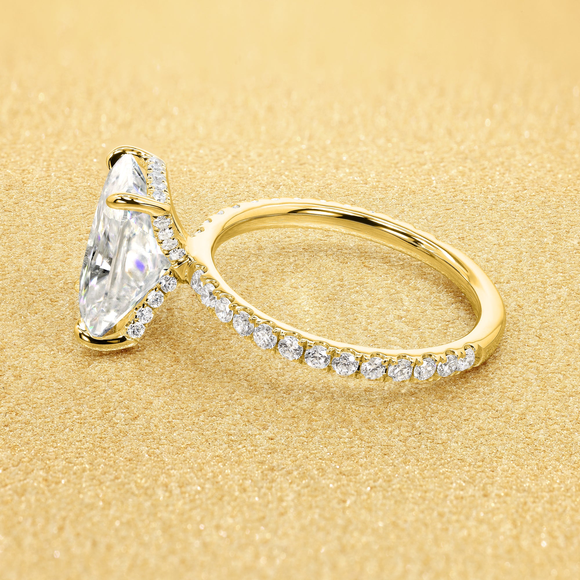 Classic Selina 3ct Elongated Radiant-Cut Lab-Grown Diamond Hidden Vow Halo Engagement Ring in 14K Gold, 18K Gold, or Platinum by Earthena Jewelry of Beverly Hills.