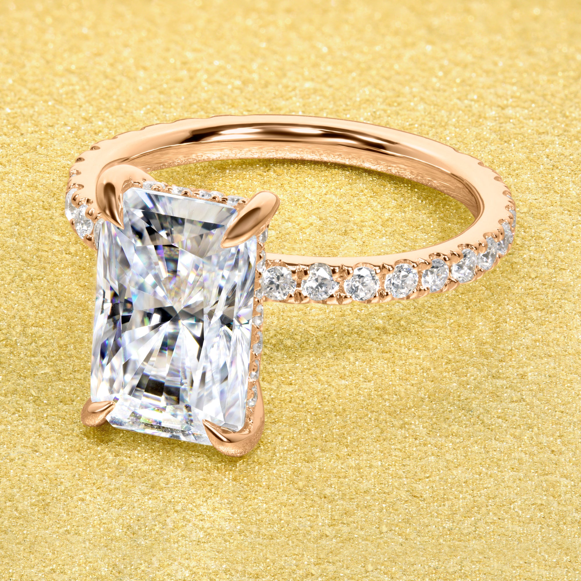 Classic Selina 3ct Elongated Radiant-cut Moissanite Hidden Halo Lab-grown Diamond Engagement ring in 14K gold, 18K gold, or Platinum handcrafted in Los Angeles by Earthena Jewelry