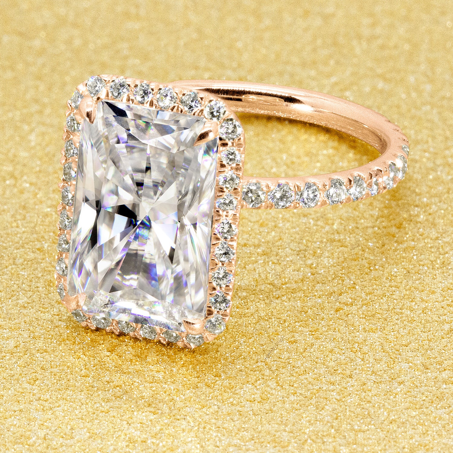 Classic Selina 4.5ct Elongated Radiant-cut Moissanite and Lab Diamond Halo Engagement ring in 14K gold, 18K gold, or Platinum handcrafted in Los Angeles by Earthena Jewelry