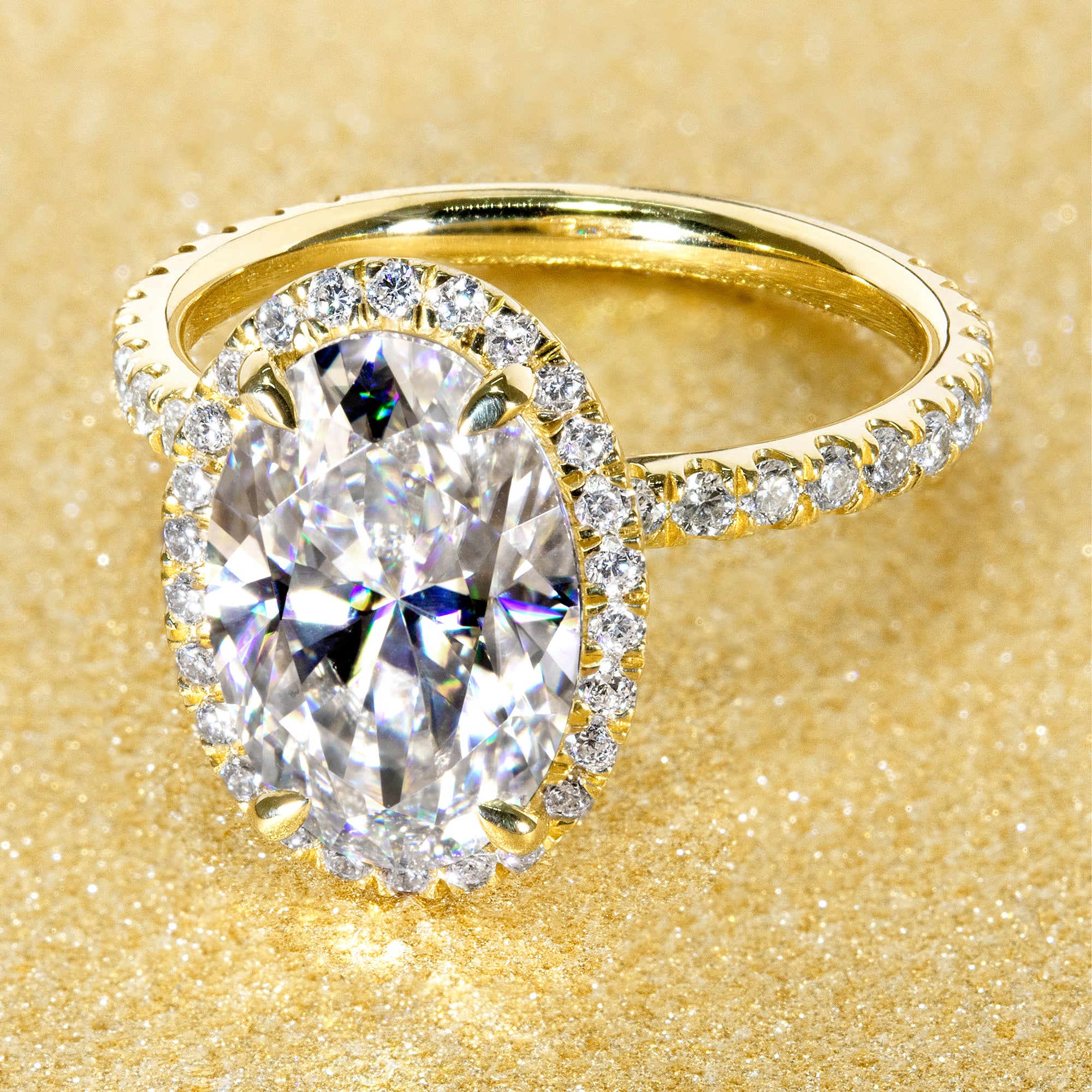 Classic Selina 4ct Elongated Oval-cut Moissanite and Lab Diamond Halo Engagement ring in 14K gold, 18K gold, or Platinum handcrafted in Los Angeles by Earthena Jewelry