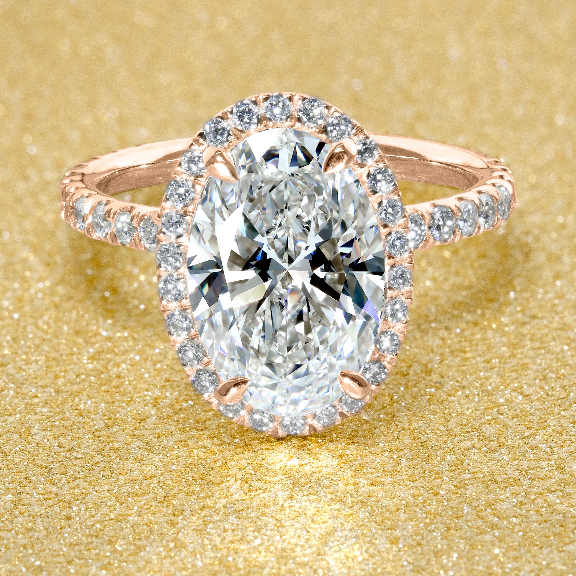 The Selina, 3ct Elongated Oval-Cut Lab-Grown Diamond Hidden Halo Engagement Ring in 14K Gold, 18K Gold, or Platinum by Earthena Jewelry of Beverly Hills.