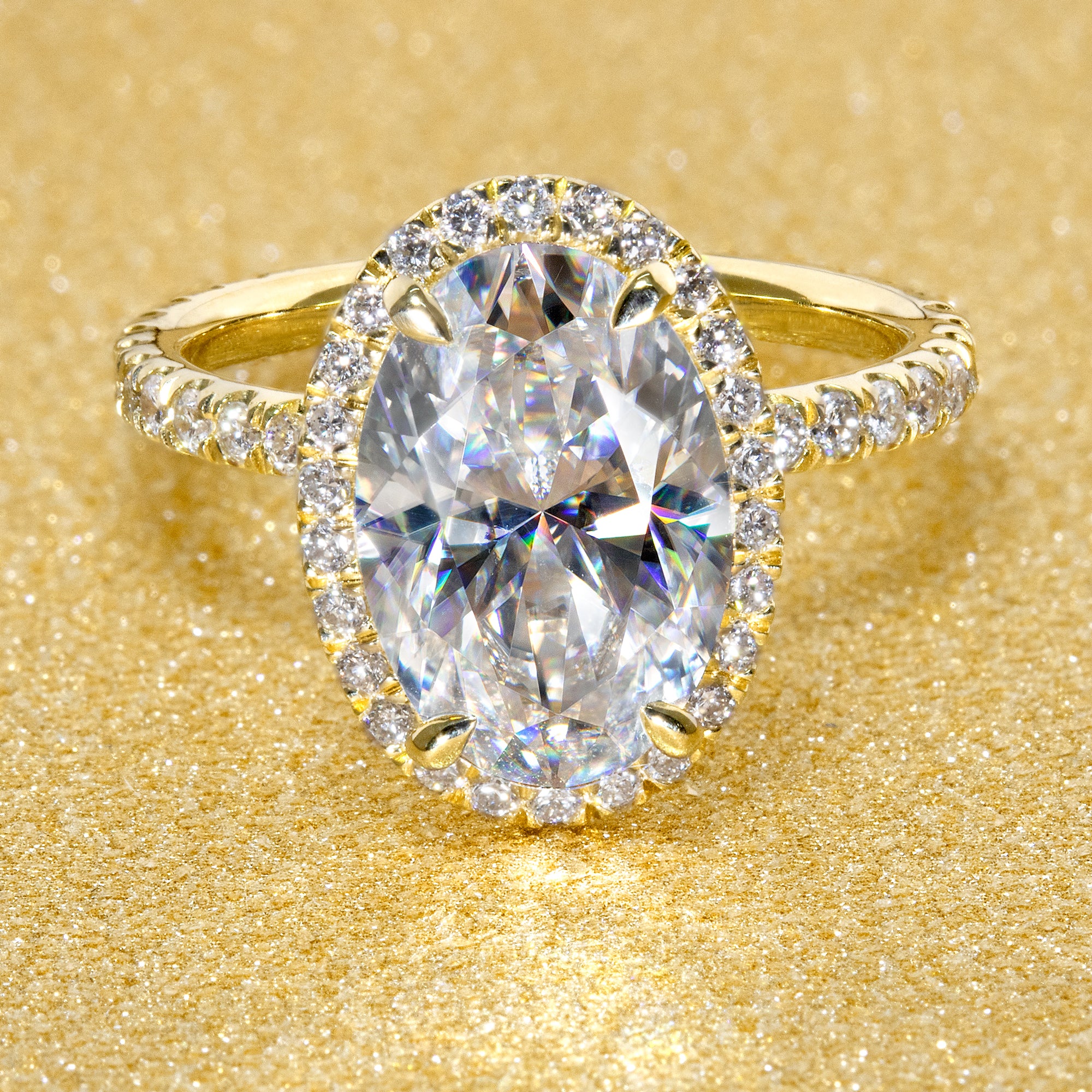 Classic Selina 4ct Elongated Oval-cut Moissanite and Lab Diamond Halo Engagement ring in 14K gold, 18K gold, or Platinum handcrafted in Los Angeles by Earthena Jewelry