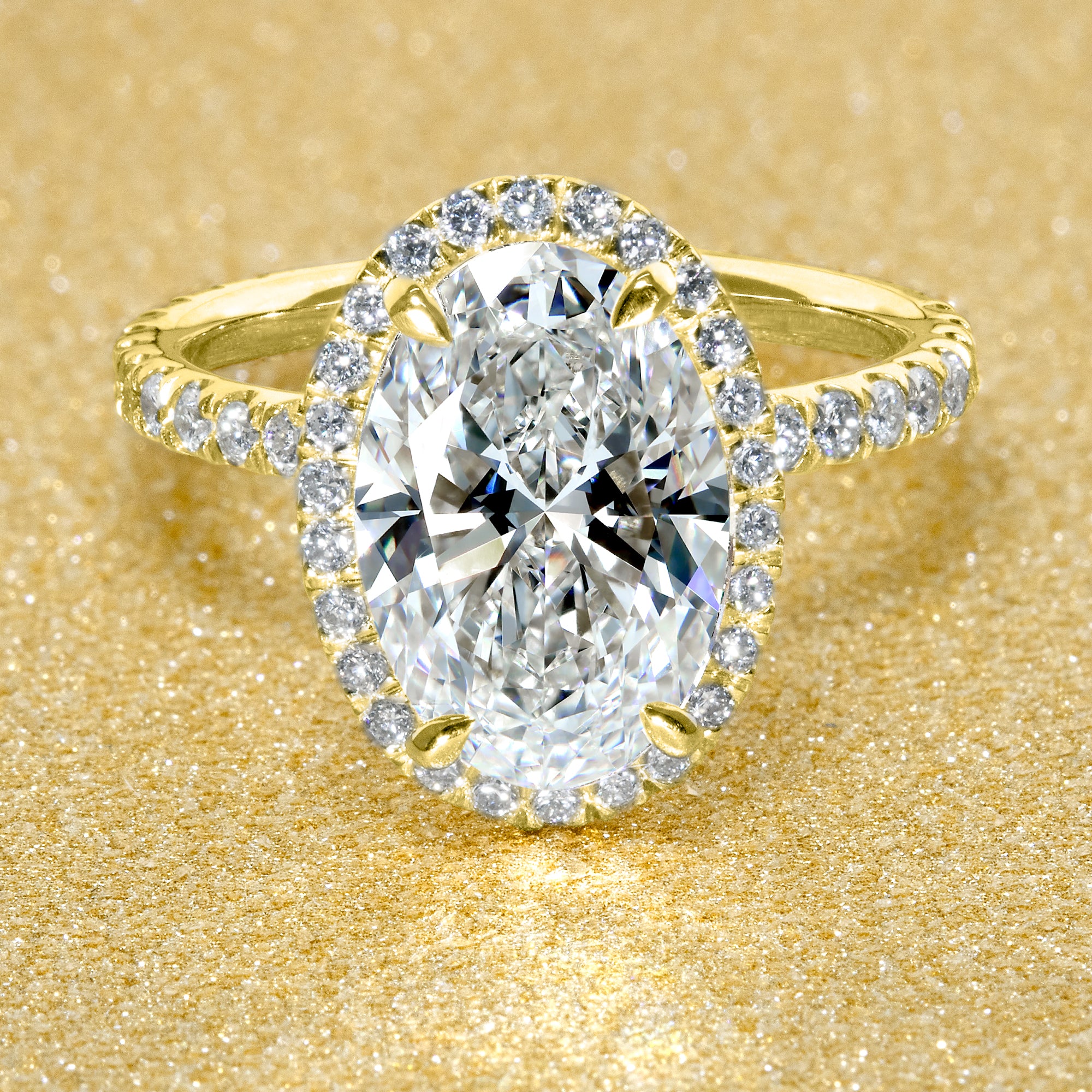 The Selina, 3ct Elongated Oval-Cut Lab-Grown Diamond Hidden Halo Engagement Ring in 14K Gold, 18K Gold, or Platinum by Earthena Jewelry of Beverly Hills.