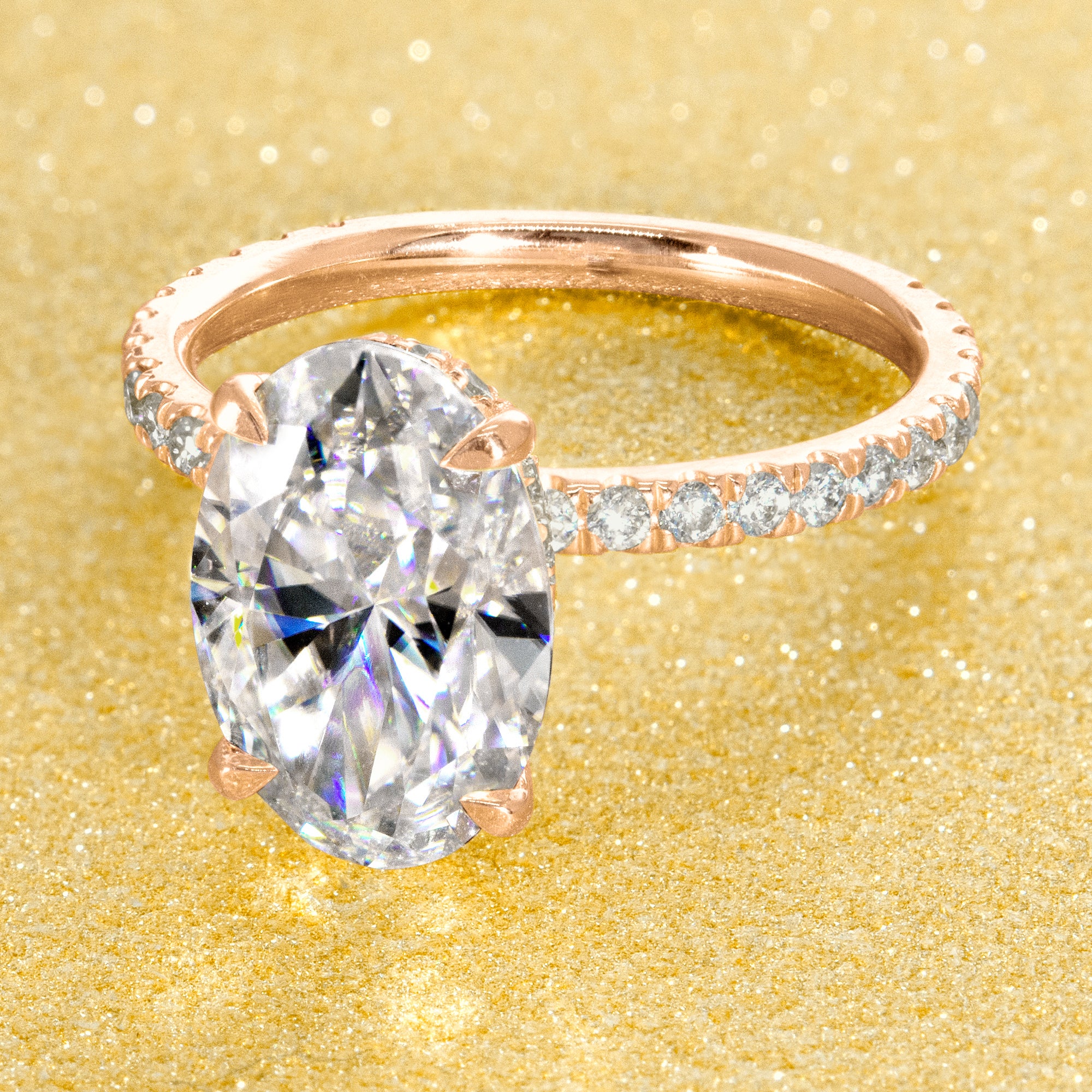 Classic Selina 4ct Elongated Oval-cut Moissanite and Lab Diamond Hidden Halo Engagement ring in 14K gold, 18K gold, or Platinum handcrafted in Los Angeles by Earthena Jewelry