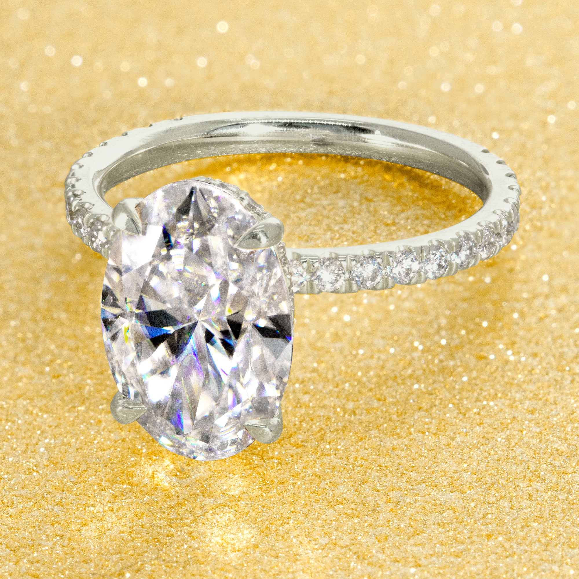 Classic Selina 4ct Elongated Oval-cut Moissanite and Lab Diamond Hidden Halo Engagement ring in 14K gold, 18K gold, or Platinum handcrafted in Los Angeles by Earthena Jewelry