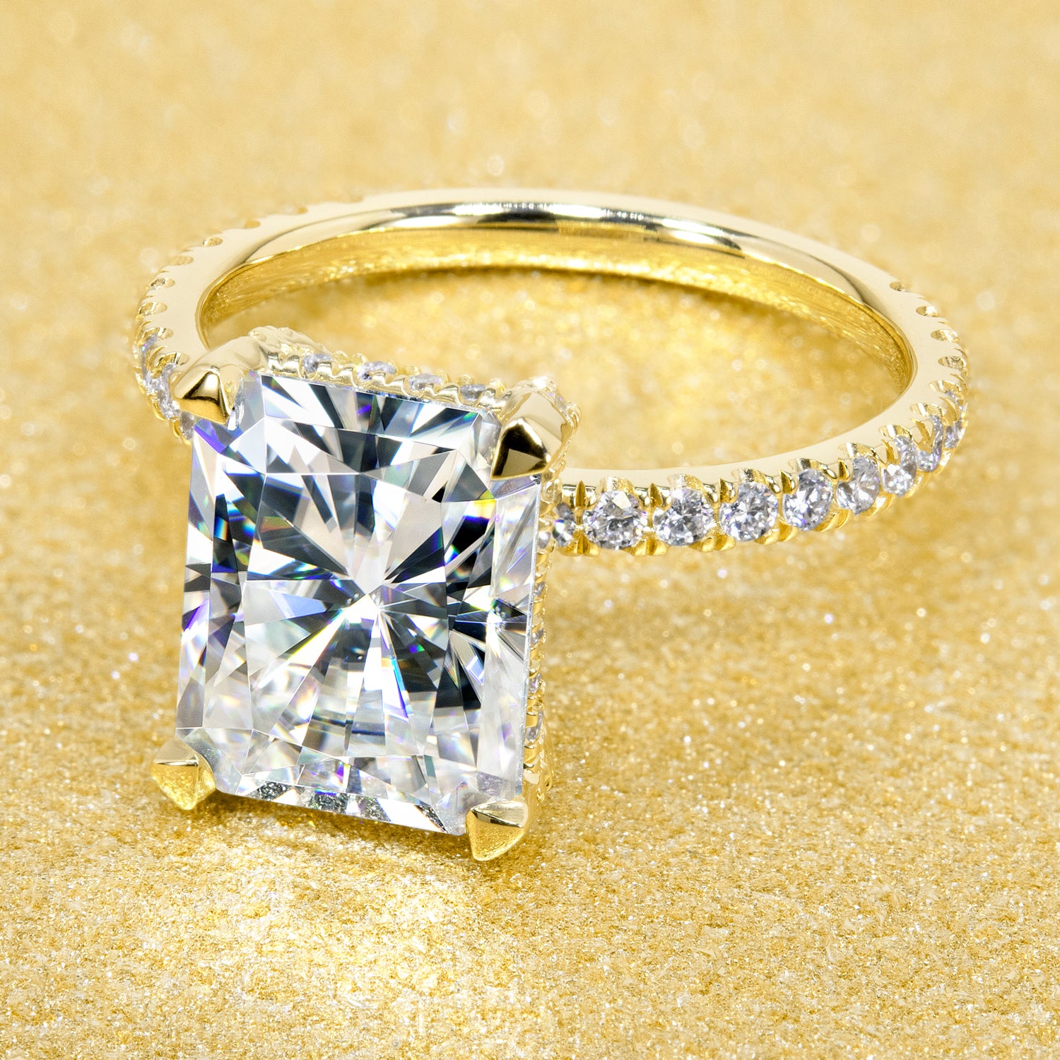 Classic and elegant 4-carat Radiant-cut Moissanite and Lab Diamond Hidden Wrap Halo engagement ring handcrafted in 14K gold, 18K gold, or Platinum handcrafted in Los Angeles by Earthena Jewelry