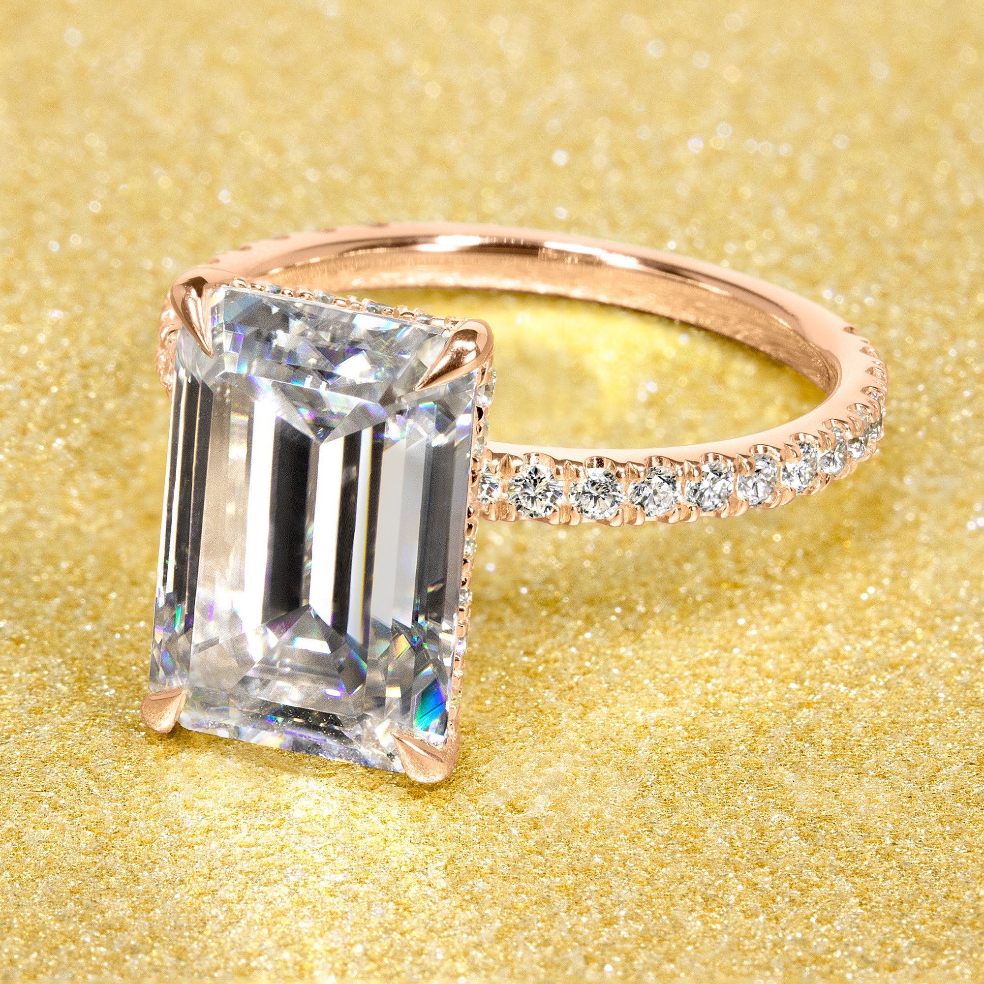 Classic Selina 5.5ct Elongated Emerald-cut Moissanite and Lab Diamond Hidden Halo Engagement ring in 14K gold, 18K gold, or Platinum handcrafted in Los Angeles by Earthena Jewelry