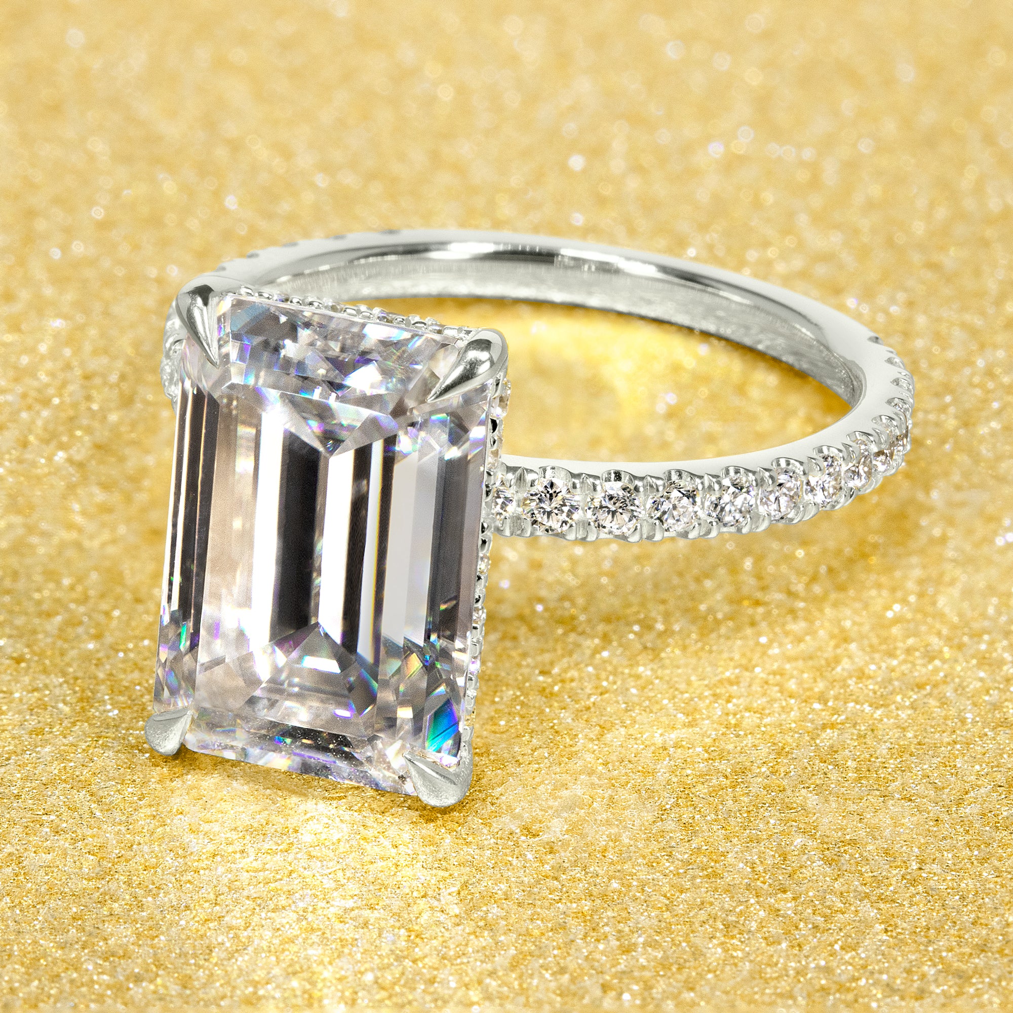 Classic Selina 5.5ct Elongated Emerald-cut Moissanite and Lab Diamond Hidden Halo Engagement ring in 14K gold, 18K gold, or Platinum handcrafted in Los Angeles by Earthena Jewelry