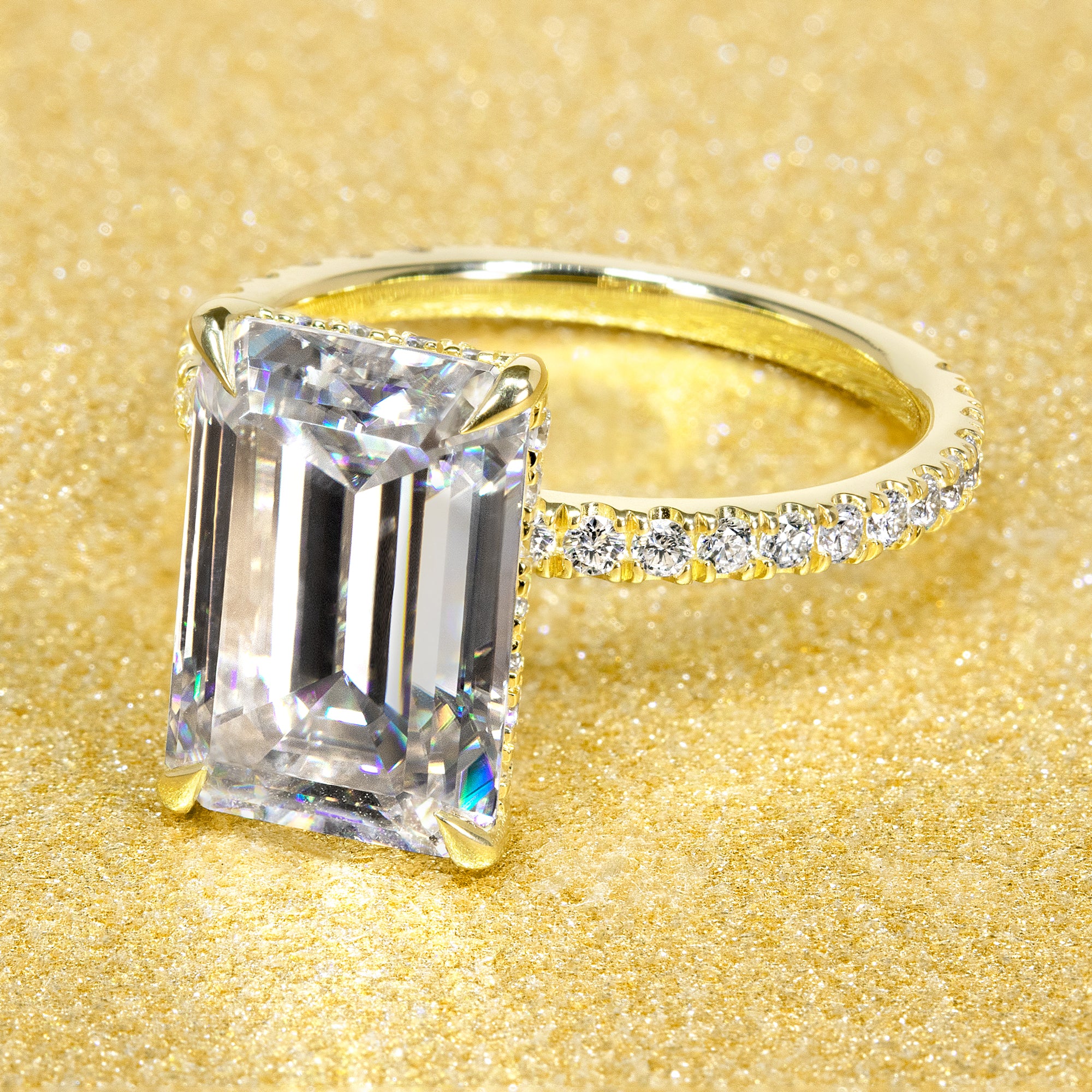 Classic Selina 5.5ct Elongated Emerald-cut Moissanite and Lab Diamond Hidden Halo Engagement ring in 14K gold, 18K gold, or Platinum handcrafted in Los Angeles by Earthena Jewelry