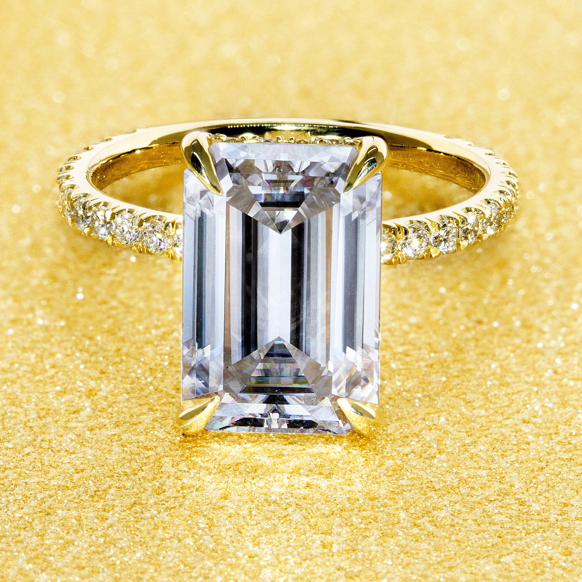 Classic Selina 5.5ct Elongated Emerald-cut Moissanite and Lab Diamond Hidden Halo Engagement ring in 14K gold, 18K gold, or Platinum handcrafted in Los Angeles by Earthena Jewelry