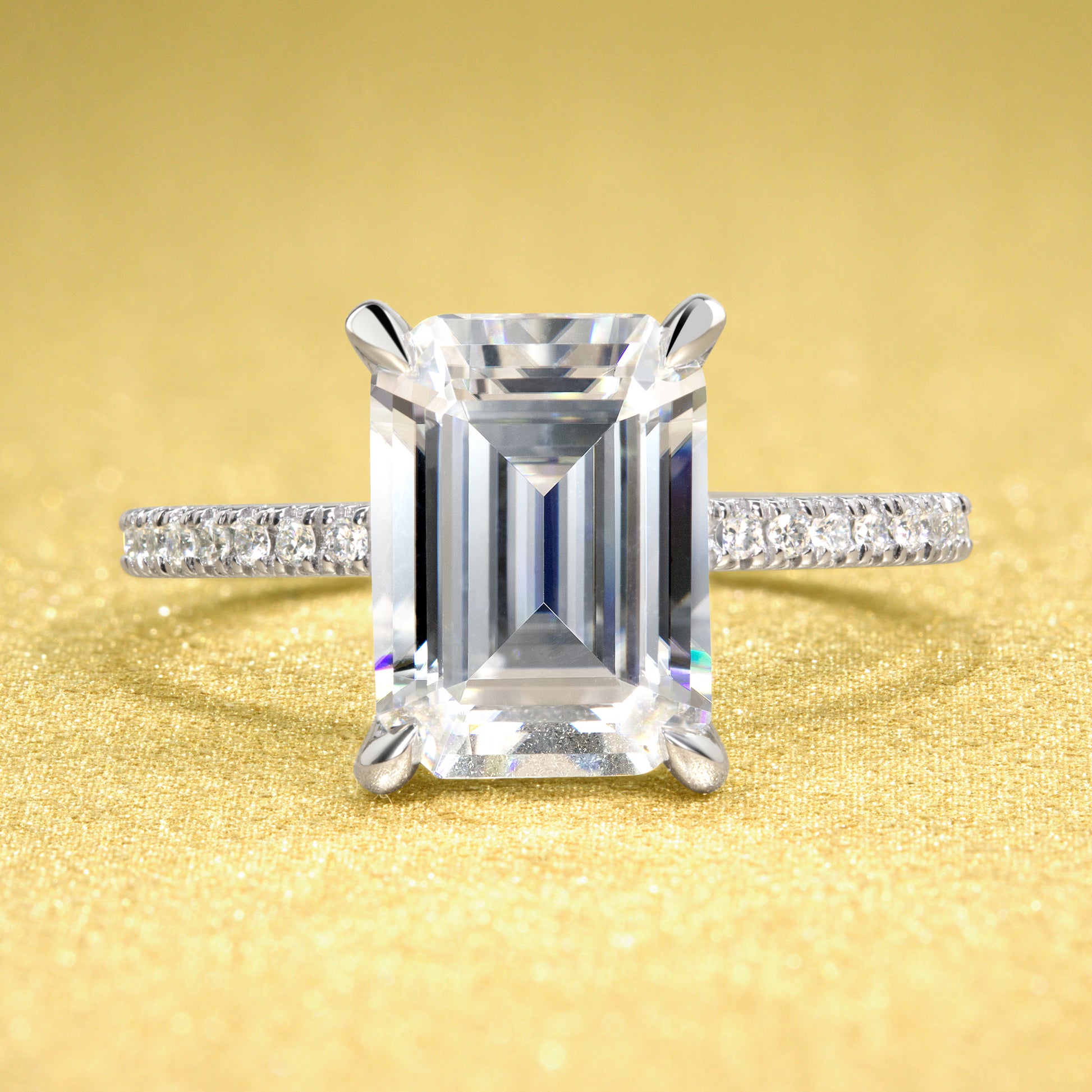 Stella 3.5ct Elongated Emerald-cut Moissanite and Lab-grown Diamond Hidden Wrap Halo Engagement Ring handcrafted in 14K or 18K Gold by Earthena Jewelry