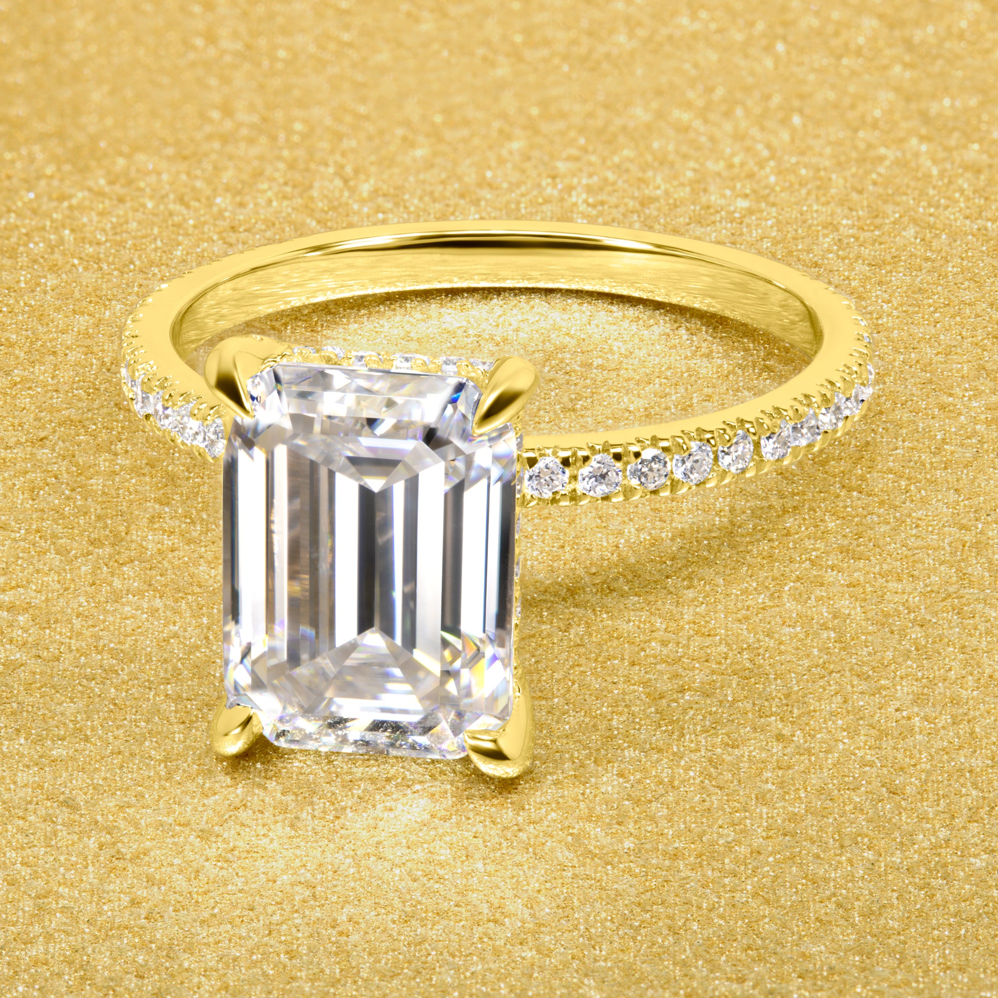 Classic Stella 3.5ct Elongated Emerald-cut Moissanite Hidden Wrap Halo and Lab-grown Diamond Engagement ring in 14K or 18K Gold handcrafted in Los Angles by Earthena Jewelry.