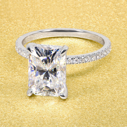Stella 3.5ct Elongated Radiant-cut Moissanite and Lab-grown Diamond Hidden Wrap Halo Engagement Ring handcrafted in 14K or 18K Gold by Earthena Jewelry
