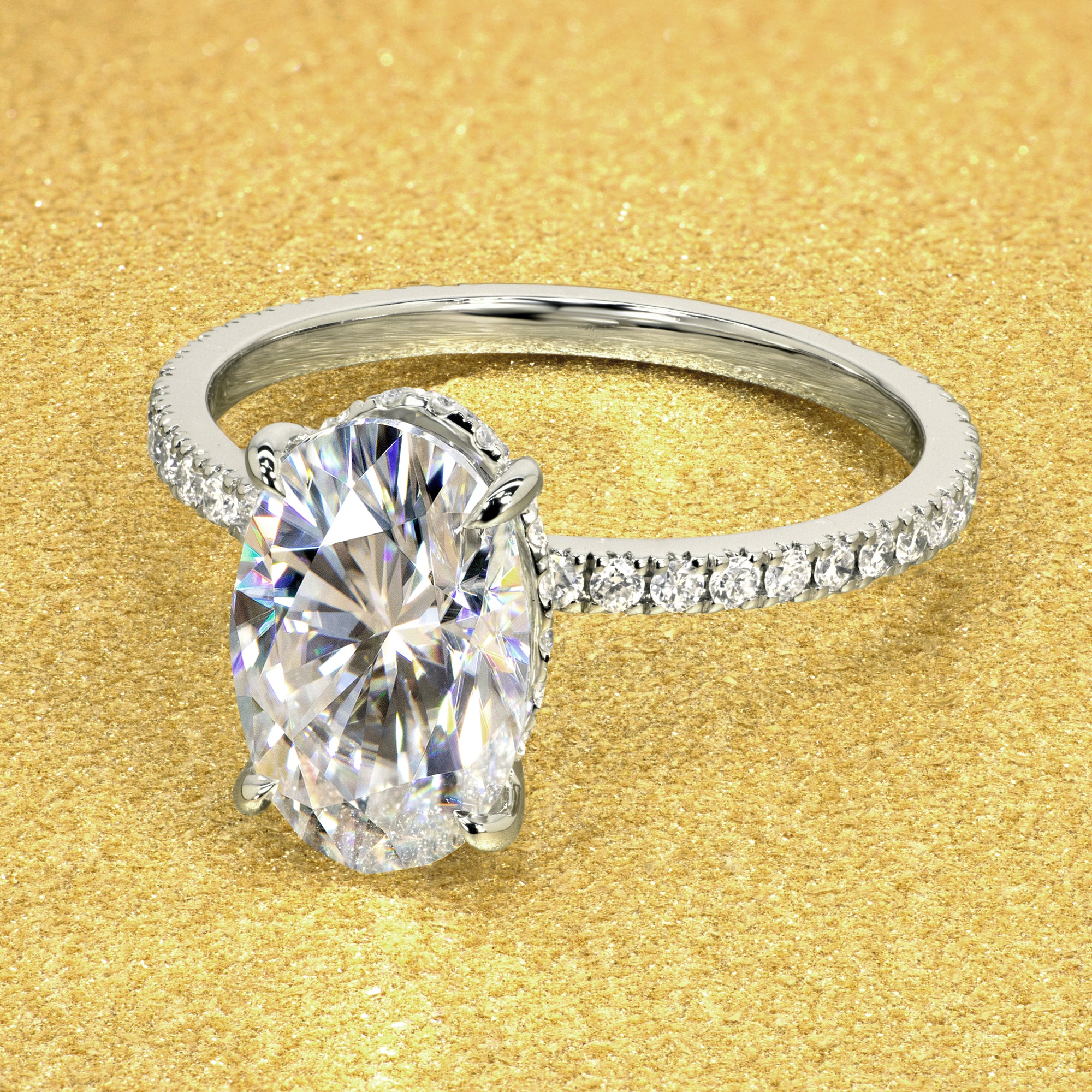 The Stella 3ct Elongated Oval-cut Moissanite and Lab-grown Diamond Hidden Halo Engagement Ring handcrafted in Beverly HIlls by Earthena Jewelry.