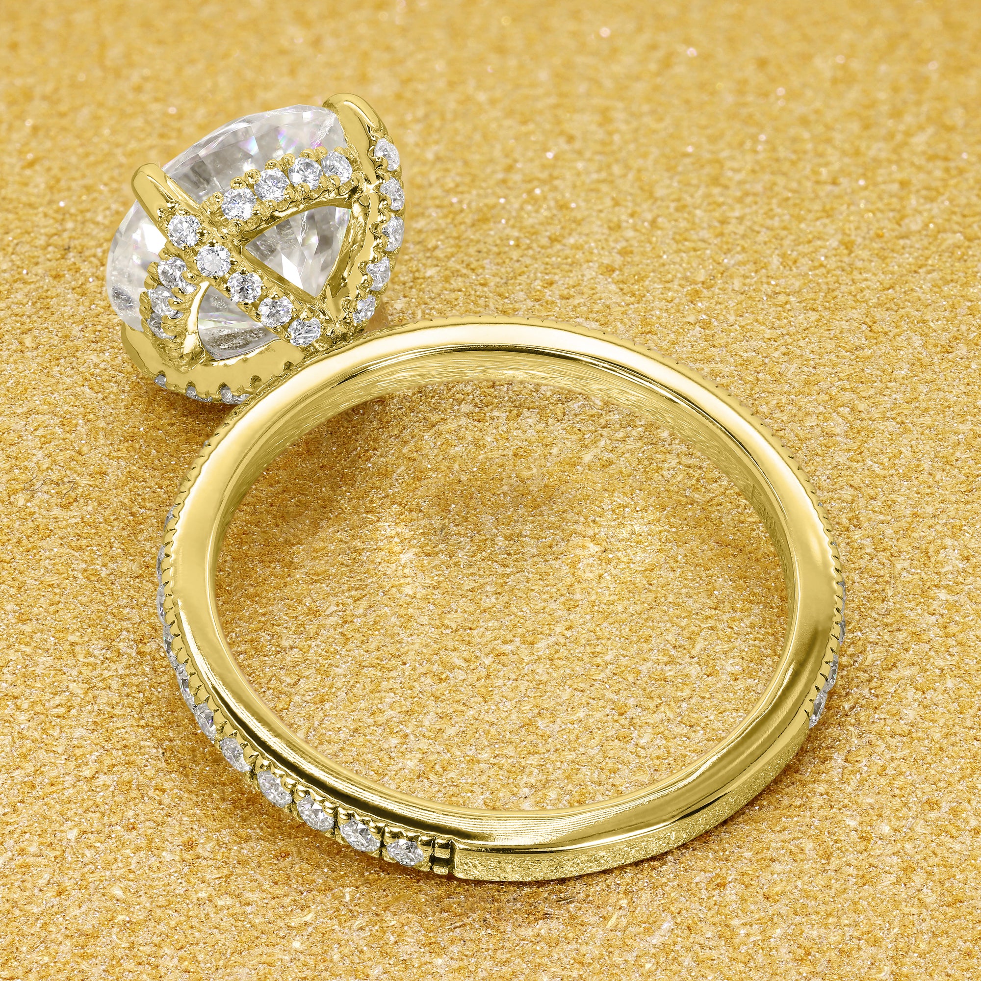 Classic and elegant 3ctRound Brilliant-cut Moissanite and Lab Diamond Hidden Wrap Halo engagement ring handcrafted in 14K gold, 18K Gold, or Platinum handcrafted in Los Angeles by Earthena Jewelry.