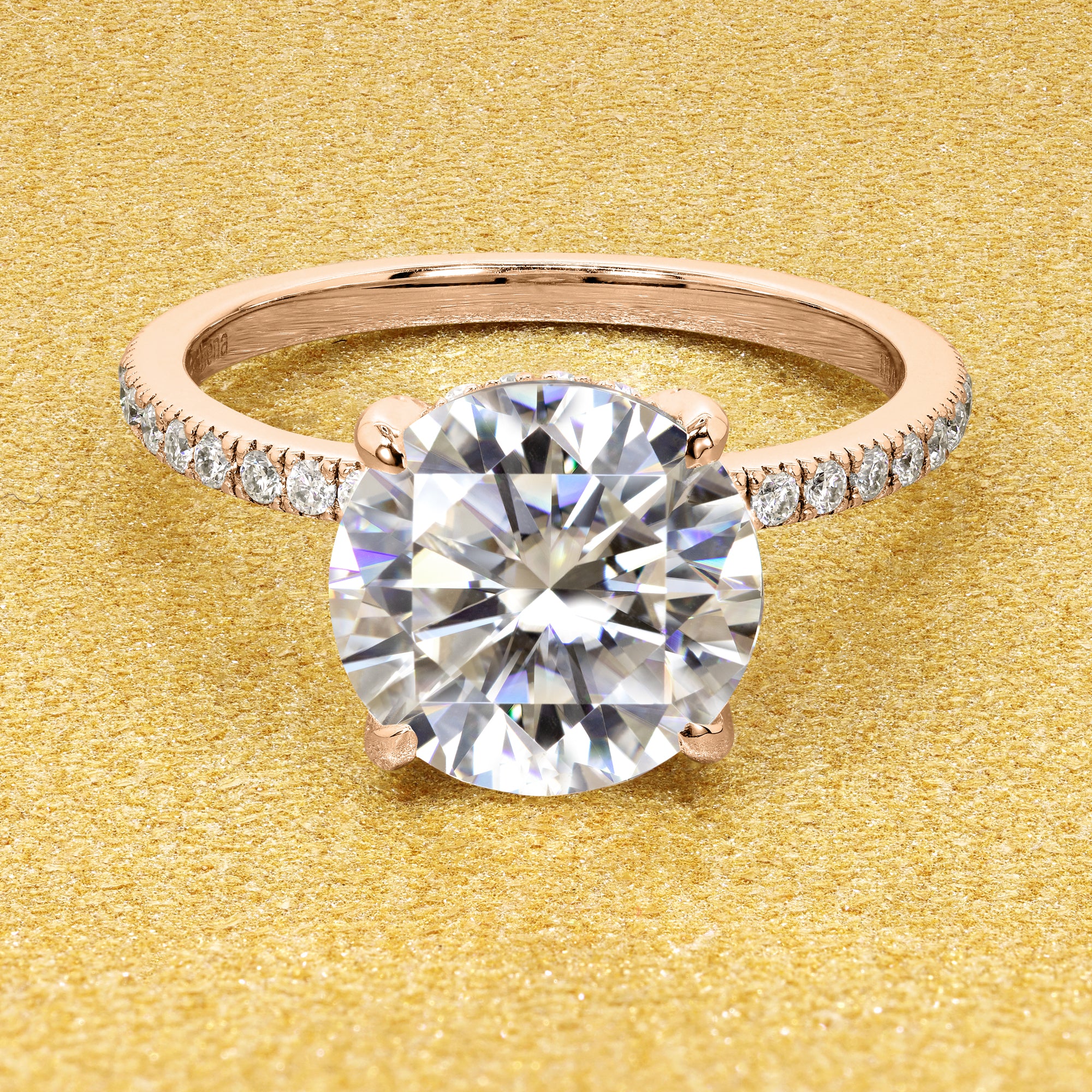 Classic and elegant 3ct Round Brilliant-cut Moissanite and Lab Diamond Hidden Wrap Halo engagement ring handcrafted in 14K gold, 18K Gold, or Platinum handcrafted in Los Angeles by Earthena Jewelry.