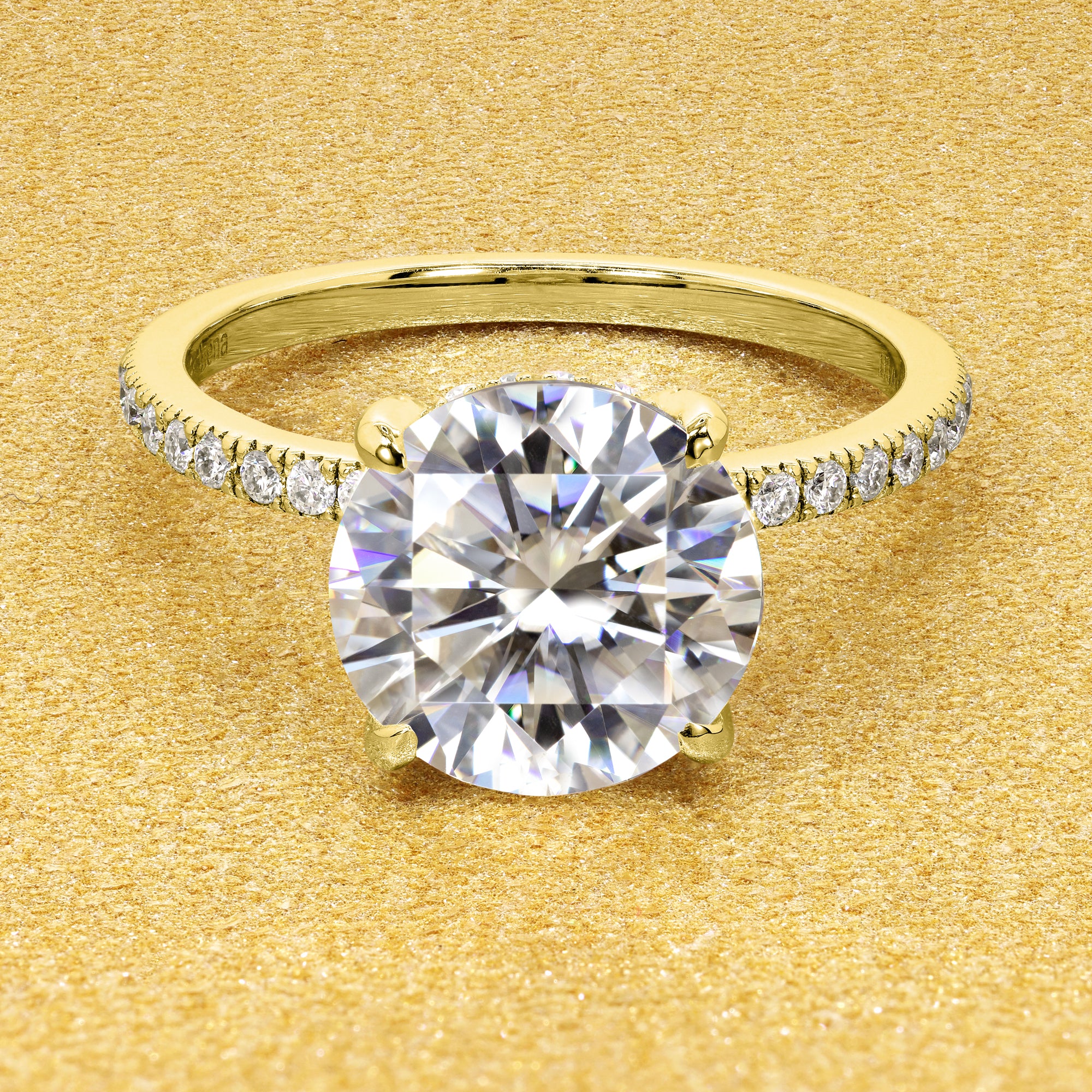 Classic and elegant 3ctRound Brilliant-cut Moissanite and Lab Diamond Hidden Wrap Halo engagement ring handcrafted in 14K gold, 18K Gold, or Platinum handcrafted in Los Angeles by Earthena Jewelry.