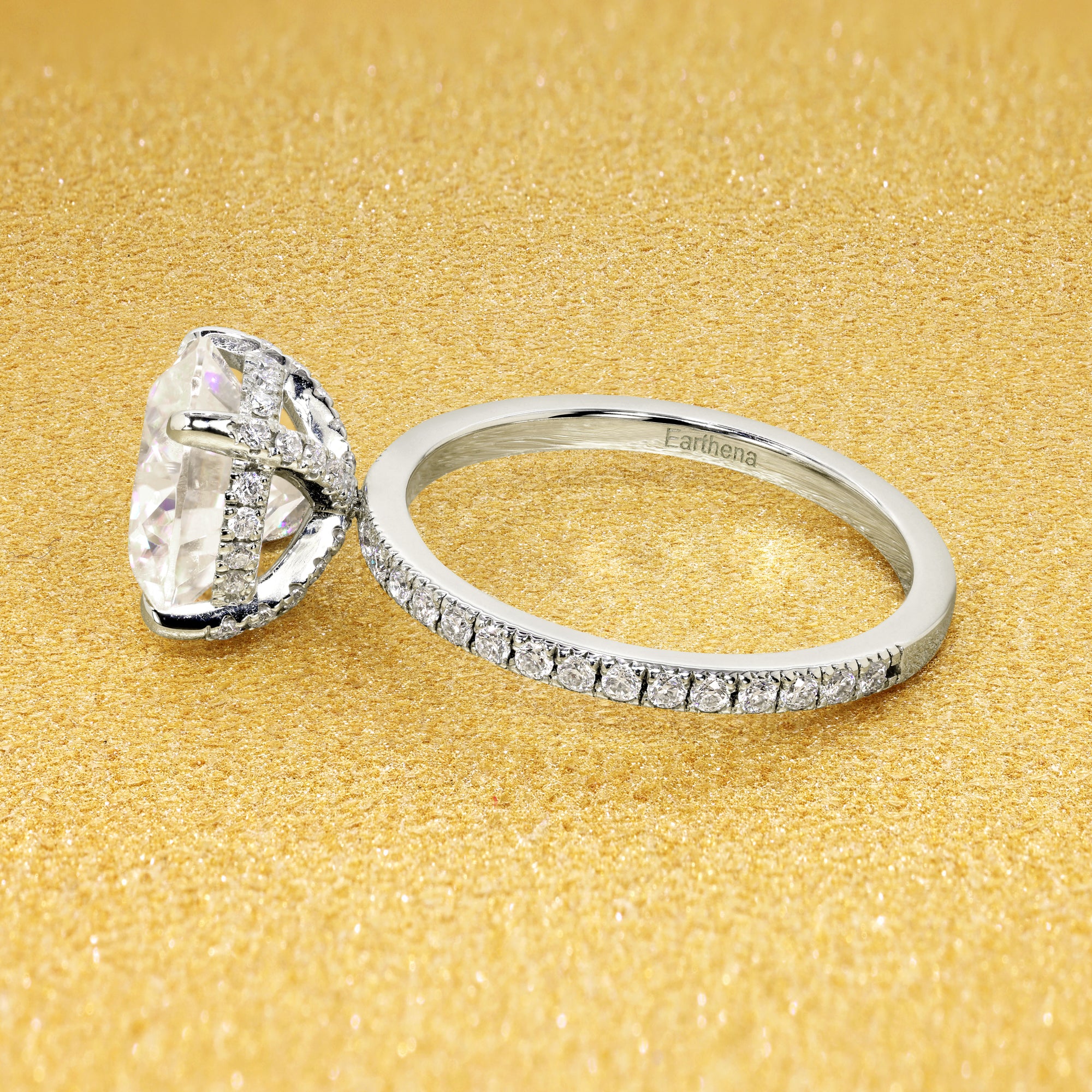 Classic and elegant 3ctRound Brilliant-cut Moissanite and Lab Diamond Hidden Wrap Halo engagement ring handcrafted in 14K gold, 18K Gold, or Platinum handcrafted in Los Angeles by Earthena Jewelry.