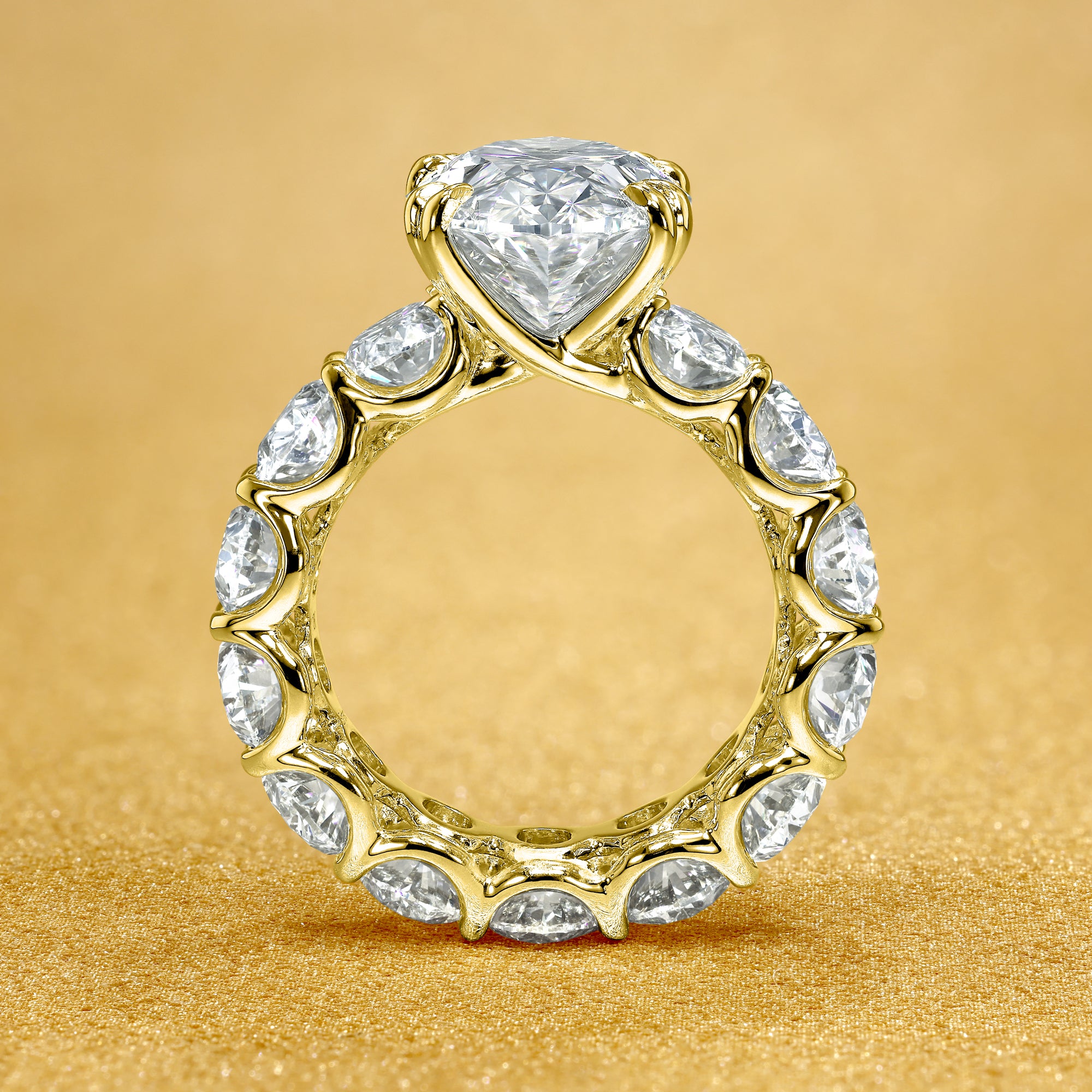 The Valeria, 5.88ct Elongated Oval Lab-Grown Diamond Eternity Engagement ring Handcrafted in 14K gold, 18K gold, or Platinum by Earthena Jewelry of Beverly Hills.