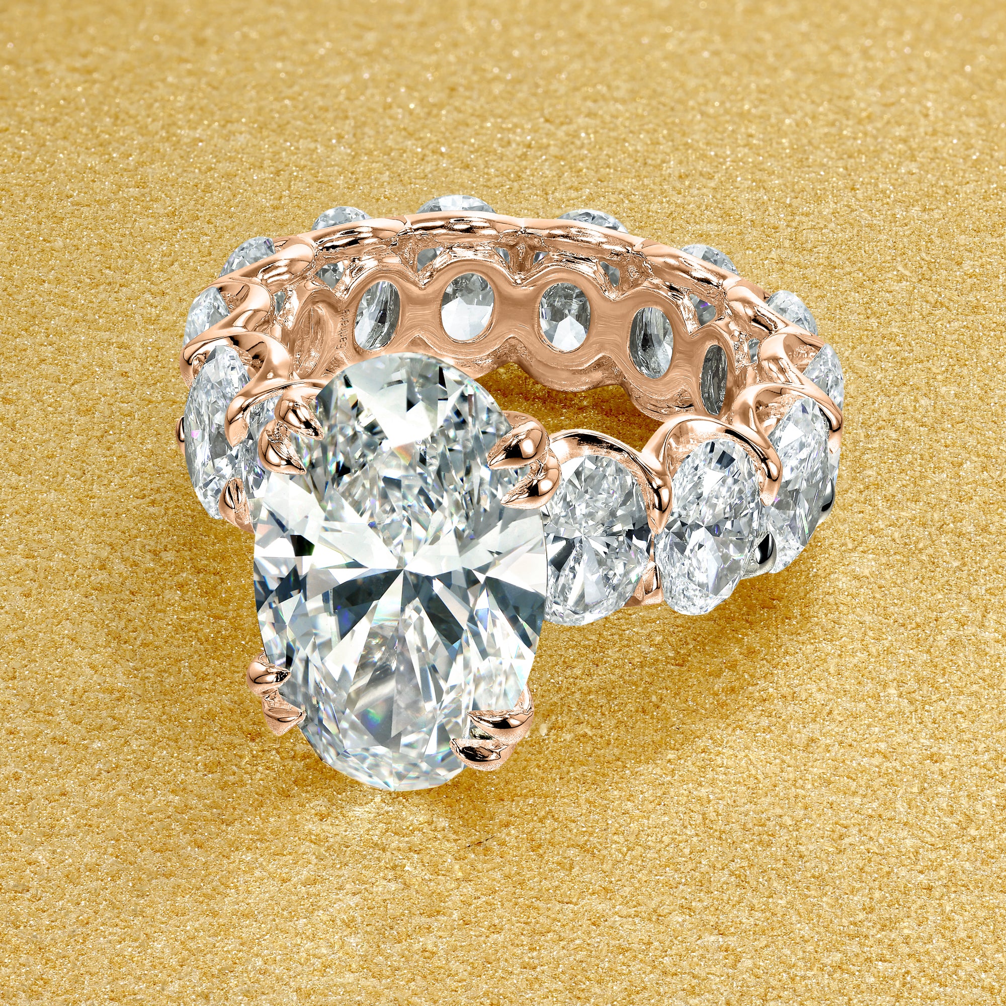 The Valeria, 5.88ct Elongated Oval Lab-Grown Diamond Eternity Engagement ring Handcrafted in 14K gold, 18K gold, or Platinum by Earthena Jewelry of Beverly Hills.
