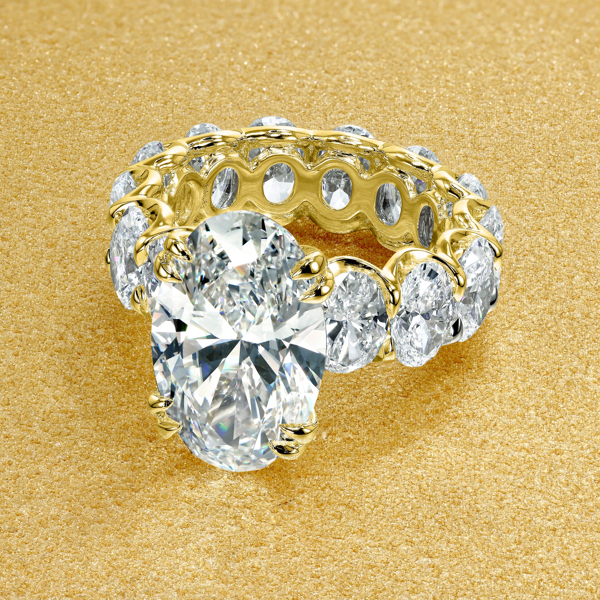 The Valeria, 5.88ct Elongated Oval Lab-Grown Diamond Eternity Engagement ring Handcrafted in 14K gold, 18K gold, or Platinum by Earthena Jewelry of Beverly Hills.