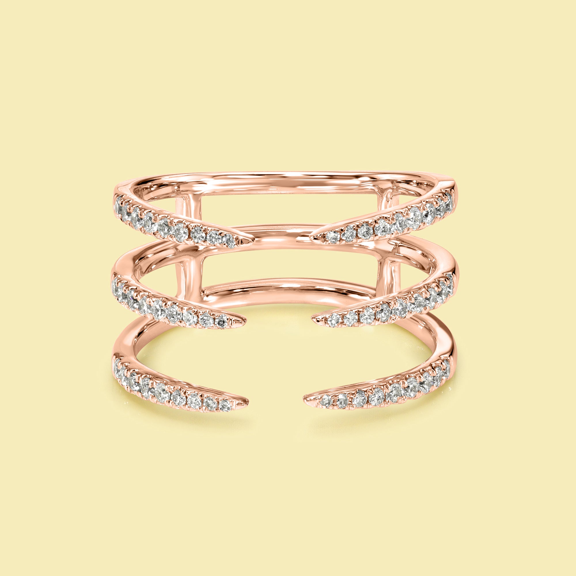 The Vi, Open Triple Row Diamond Cuff Band is handcrafted in 14K gold, 18K gold, or Platinum by Earthena Jewelry in Los Angeles