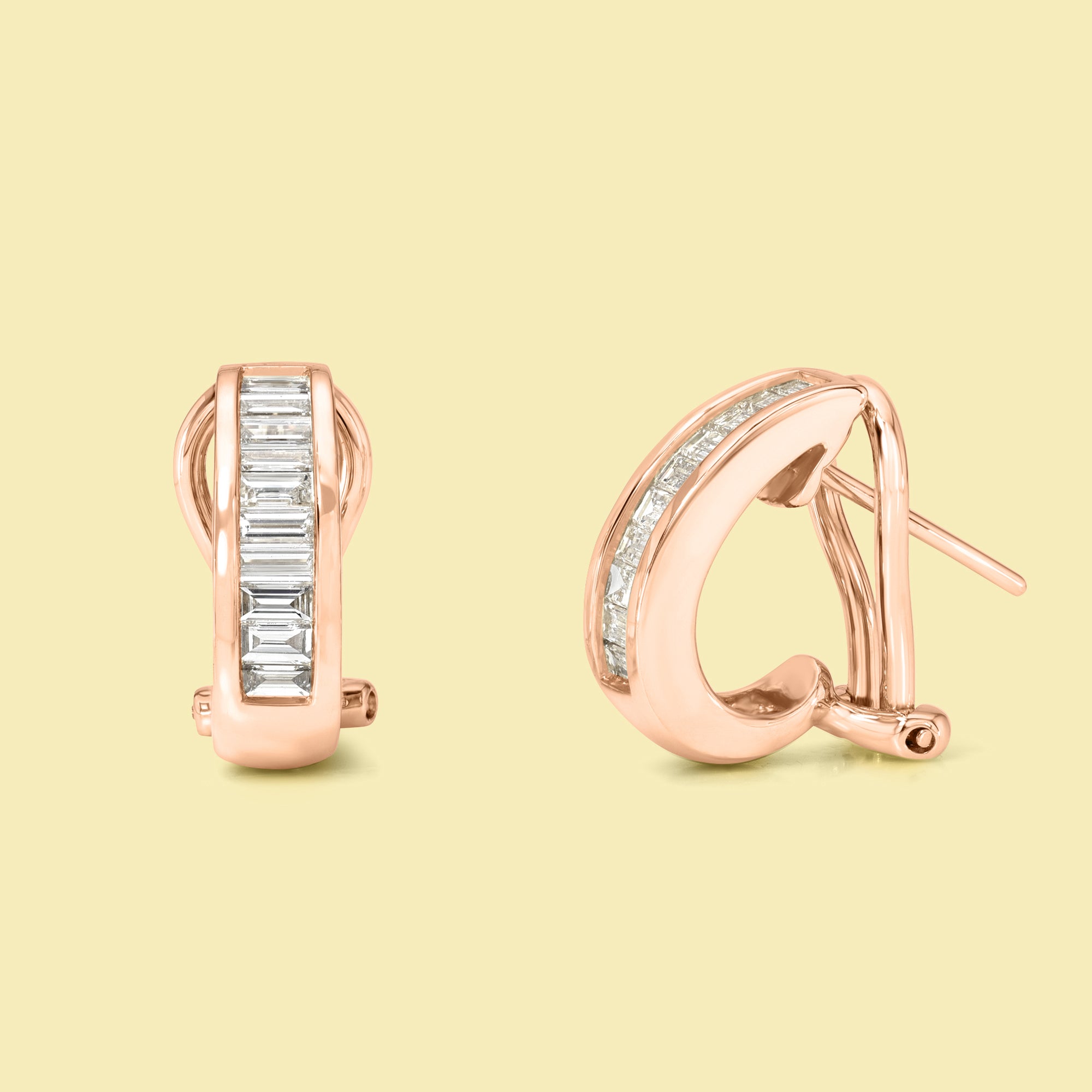 The Zoe, Baguette Half-Hoop Diamond Earrings are handcrafted in 14K gold, 18K gold, or Platinum by Earthena Jewelry in Los Angeles