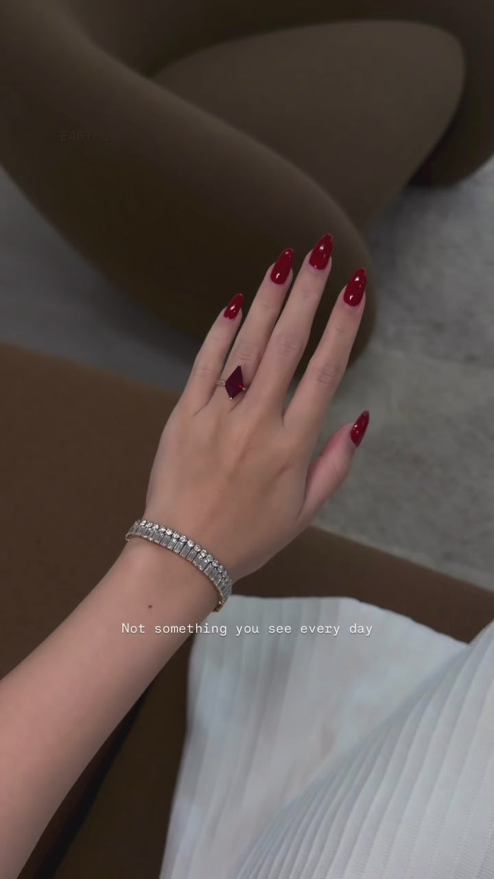 The Axis, 5.5ct Kite-Cut Lab-grown Ruby Hidden Eternity Halo Ring by Earthena Jewelry of Beverly HIlls.