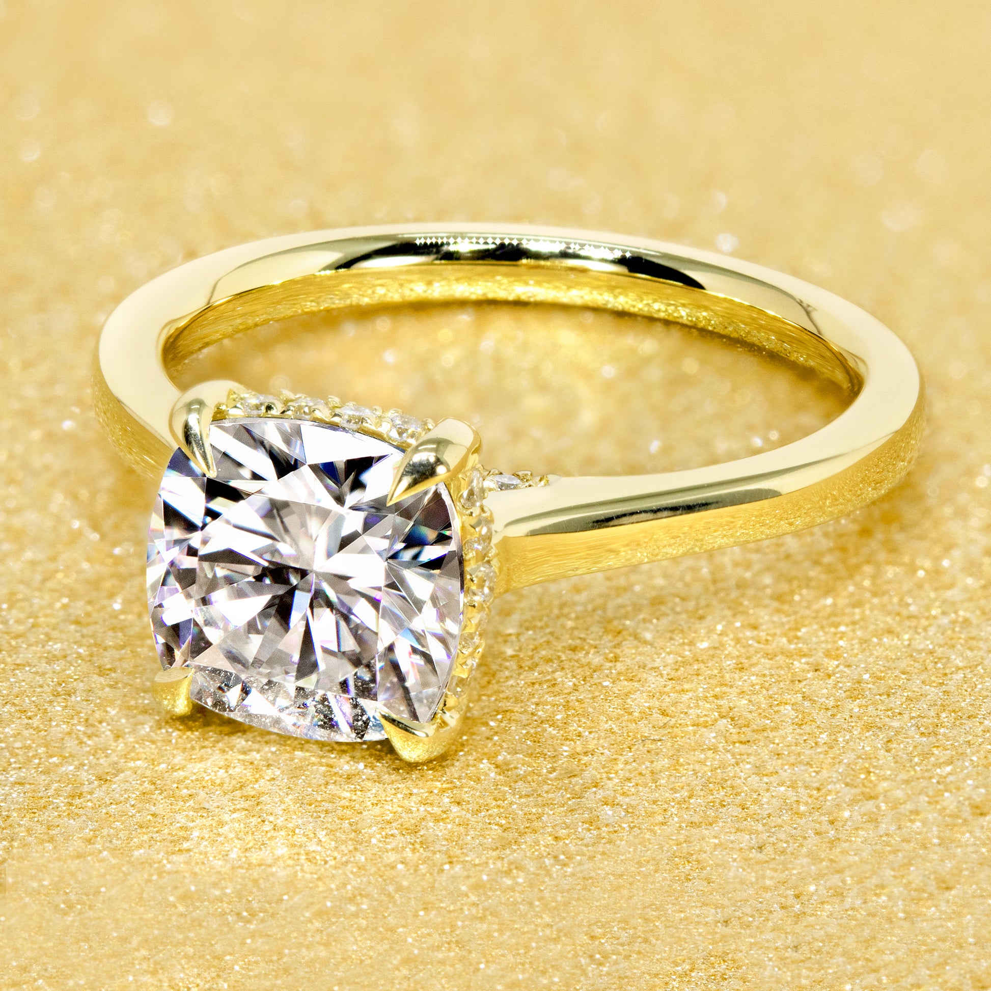 14K Gold Classic 2ct Cushion-cut Cathedral Hidden Halo Moissanite and Diamond Engagement Ring | Earthena Jewelry