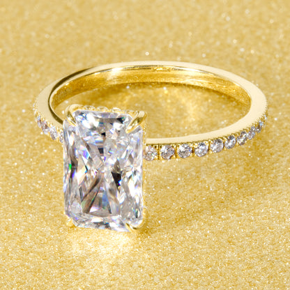 18K Gold Classic and Trendy 3ct Elongated Radiant-cut Hidden Halo Moissanite and Diamond Engagement  Ring | Earthena Jewelry