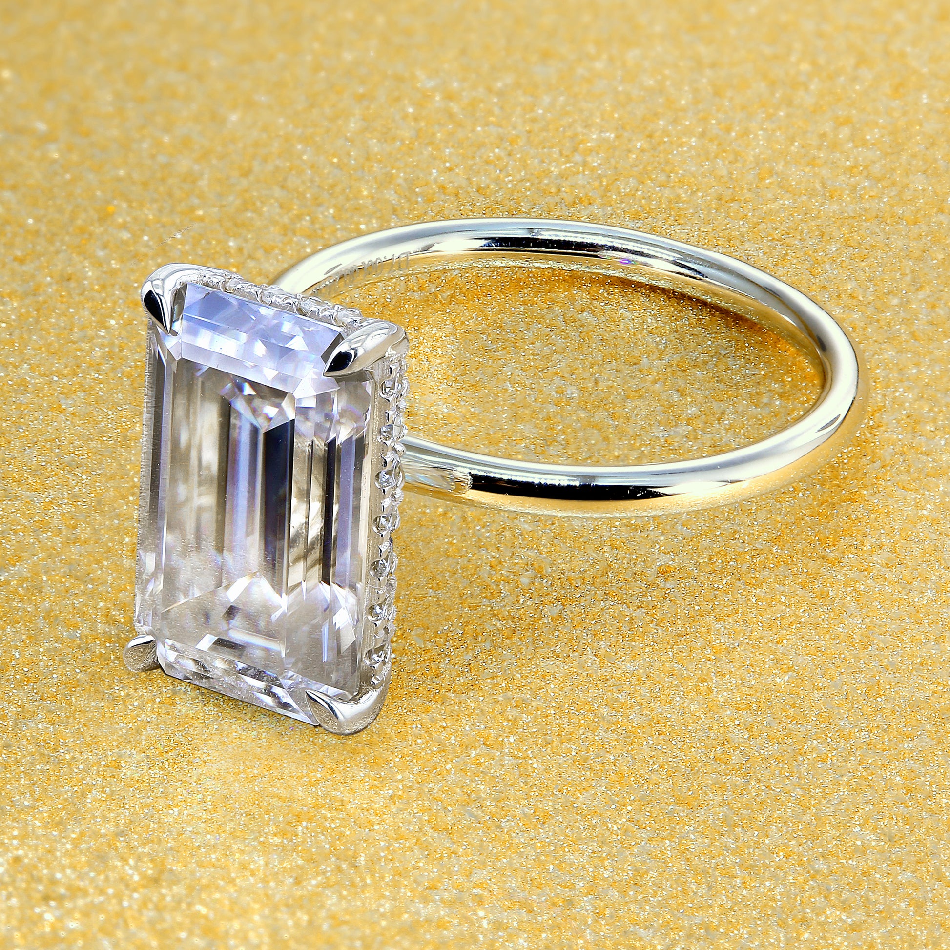 18K Gold Classic 5ct Elongated Emerald-cut Hidden Halo Moissanite and Diamond Solitaire Engagement Ring | Earthena Jewelry