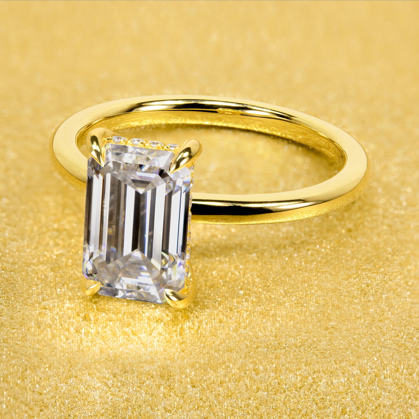 Adara 3ct Elongated Emerald-cut Moissanite and Lab-grown Diamond Hidden Halo Engagement Ring by Earthena Jewelry