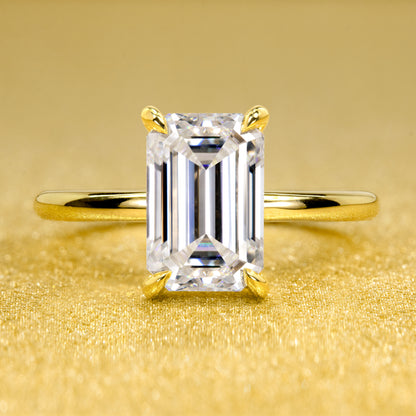 Adara 3ct Elongated Emerald-cut Moissanite and Lab-grown Diamond Hidden Halo Engagement Ring by Earthena Jewelry