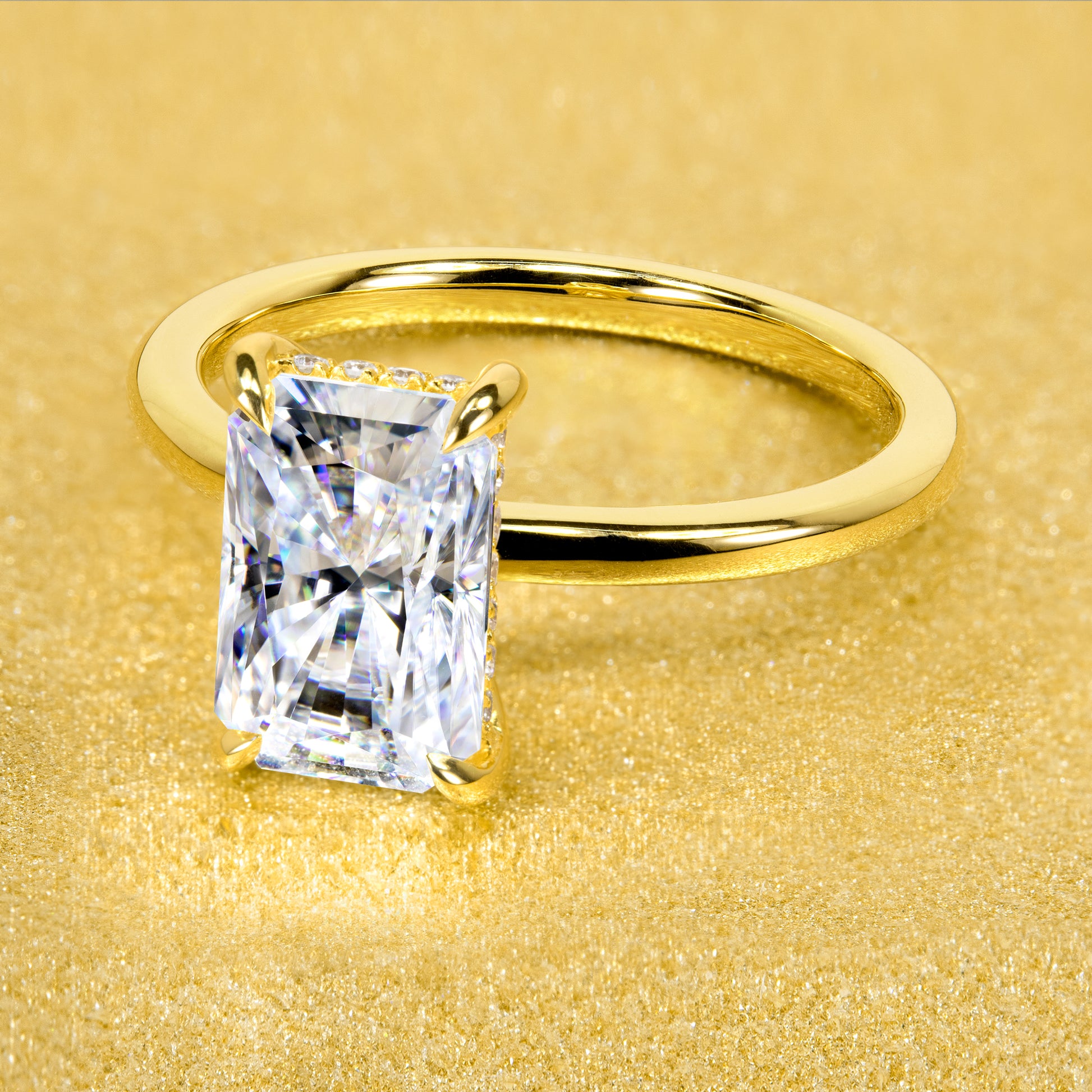 Adara 3ct Elongated Radiant-cut Moissanite and Lab-grown Diamond Hidden Halo Engagement Ring by Earthena Jewelry