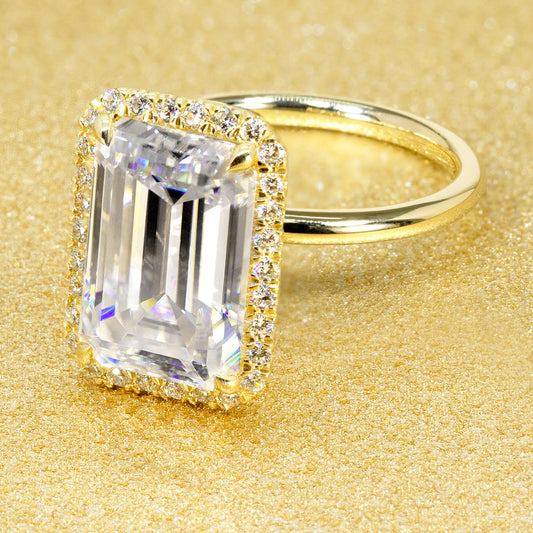 The Adara, 5.5ct Elongated Emerald-cut Halo Ring | Earthena Jewelry