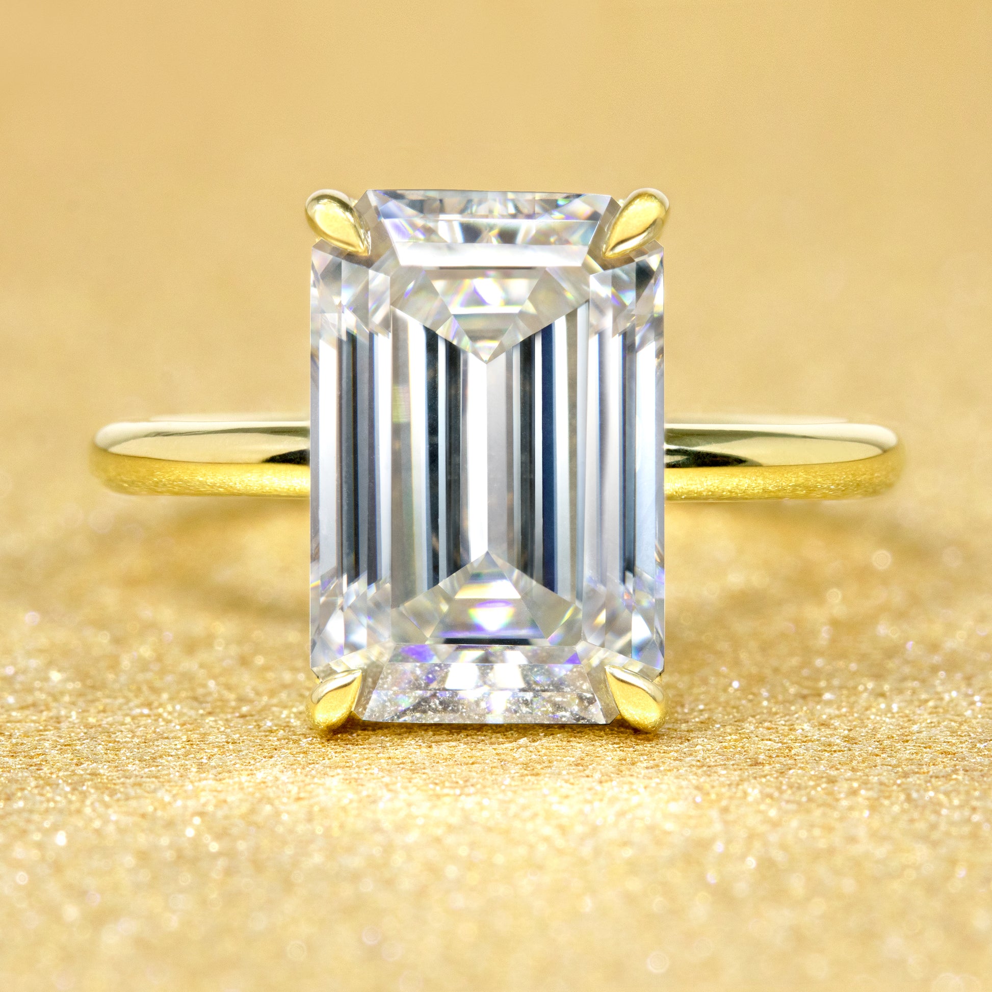 14K Gold Classic 5.5ct Elongated Emerald-cut Hidden Halo Moissanite and Diamond Engagement Ring | Earthena Jewelry