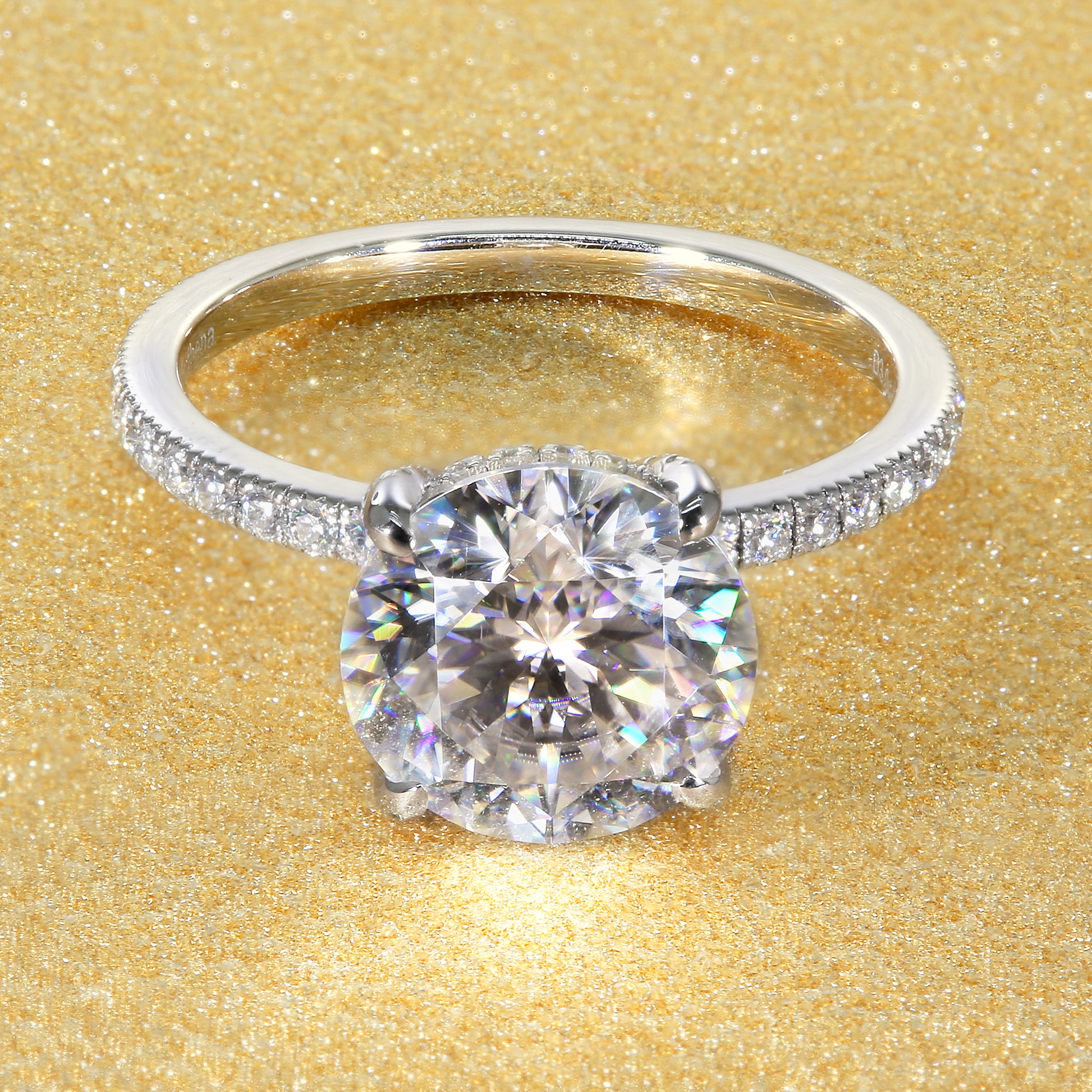 18K Gold Classic 3ct Round Brilliant-cut Hidden Wrap Halo Moissanite and Diamond Engagement Ring | Earthena Jewelry