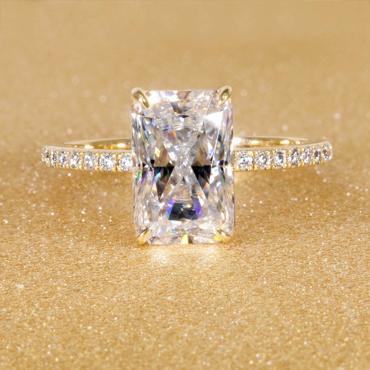 18K Gold Classic and Trendy 3ct Elongated Radiant-cut Hidden Halo Moissanite and Diamond Engagement  Ring | Earthena Jewelry